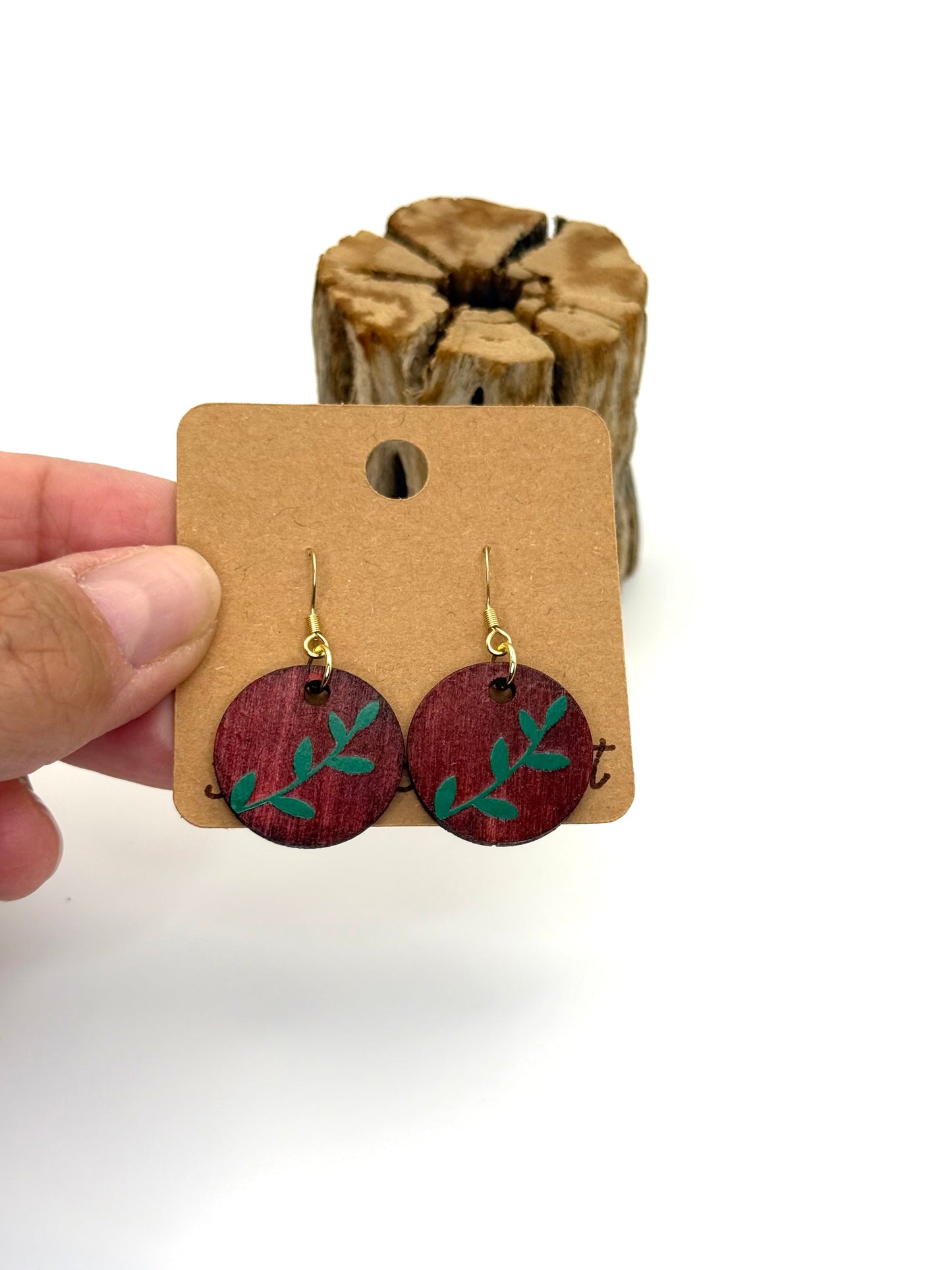 Wine Botanical Wood Earrings | Green Leaf Dangles