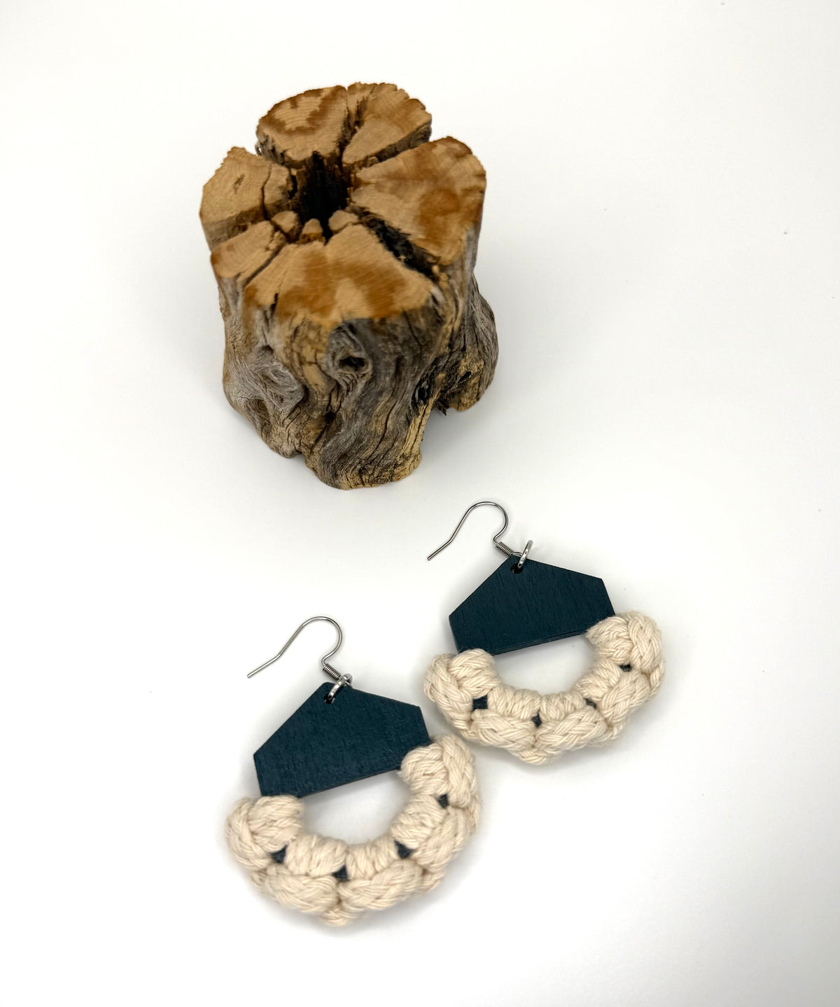 Deep Blue Wood & Macrame Earrings | Cream Cotton
