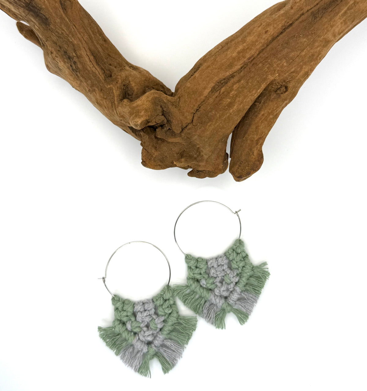Sage & Lavender Gray Macrame Fringe Hoops | Stainless Steel