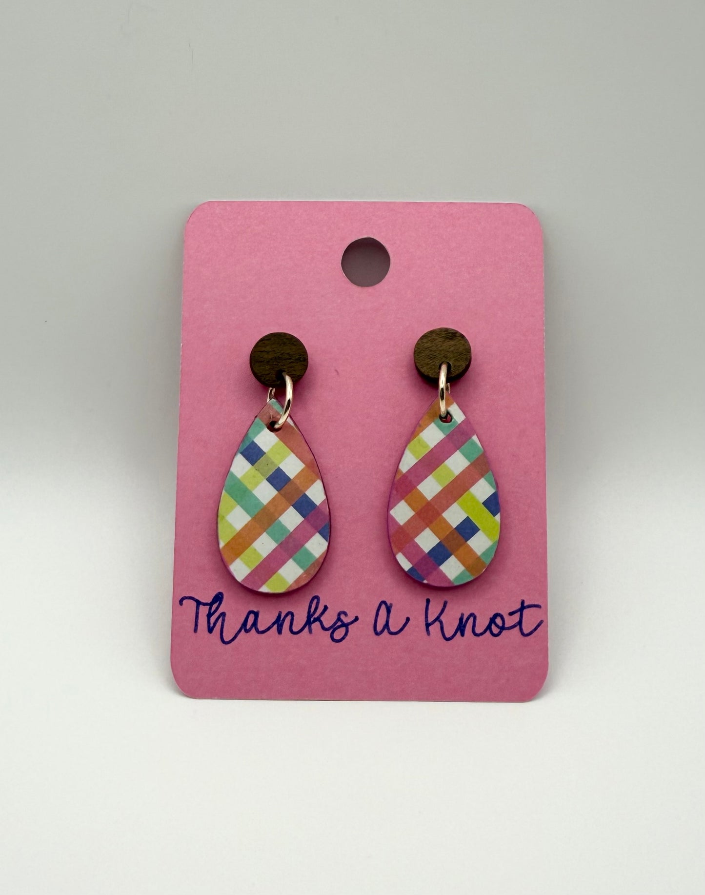 Wood and decoupage stud dangle earrings