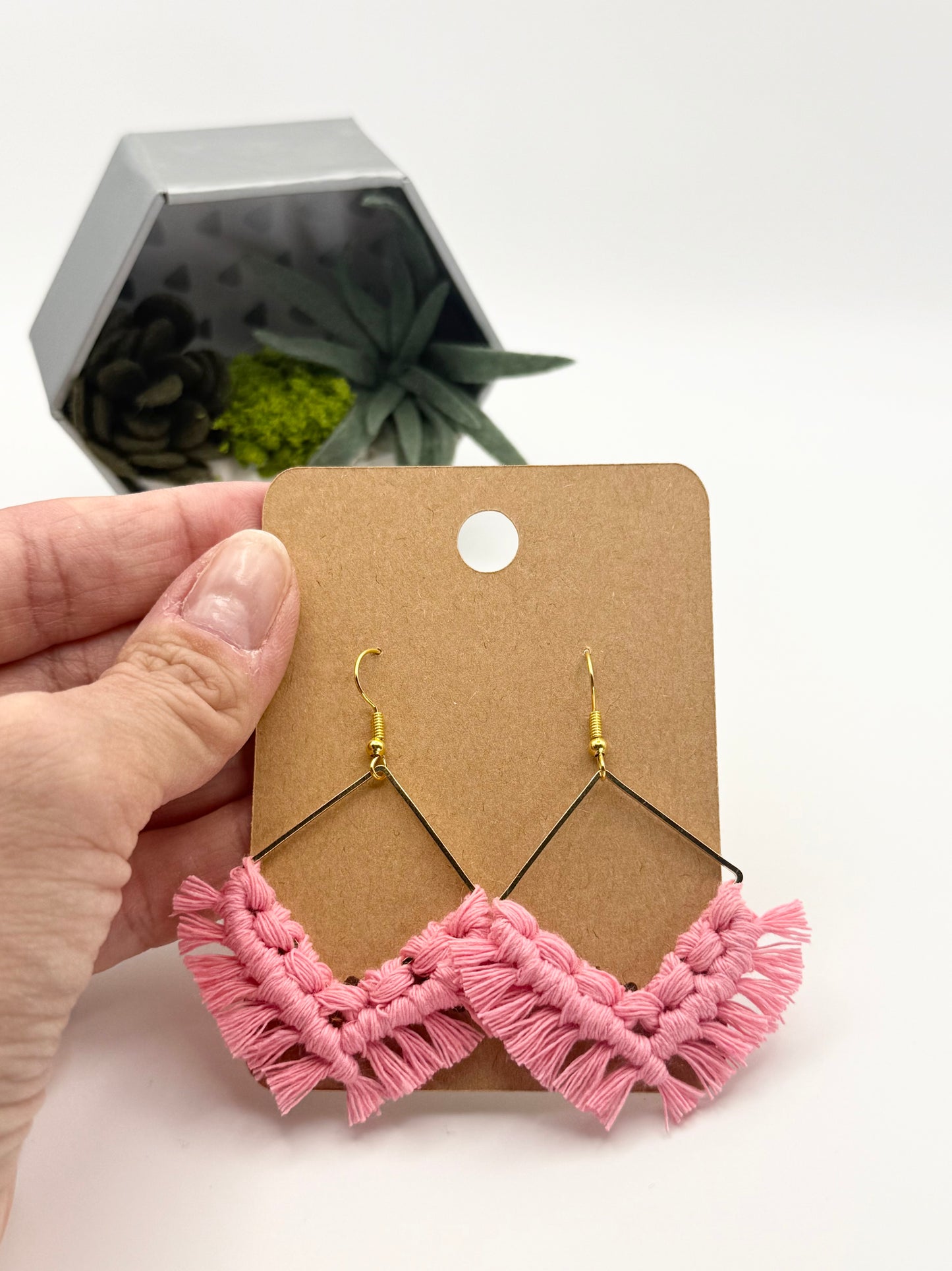 Pink Macramé Statement Earrings | Handmade Fringe Fiber Earrings