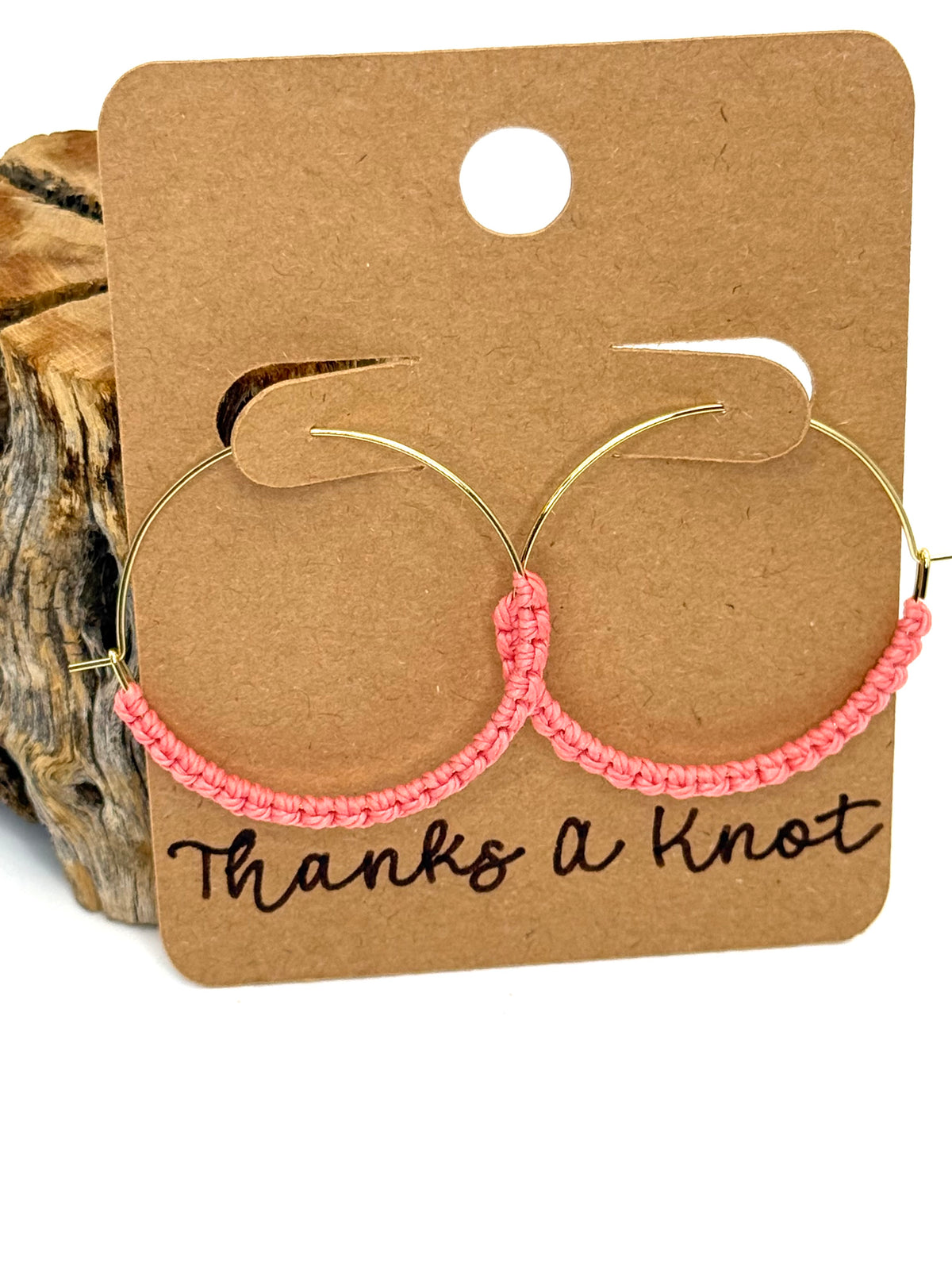 Coral Macrame Hoop Earrings | 35mm Gold Stainless Steel