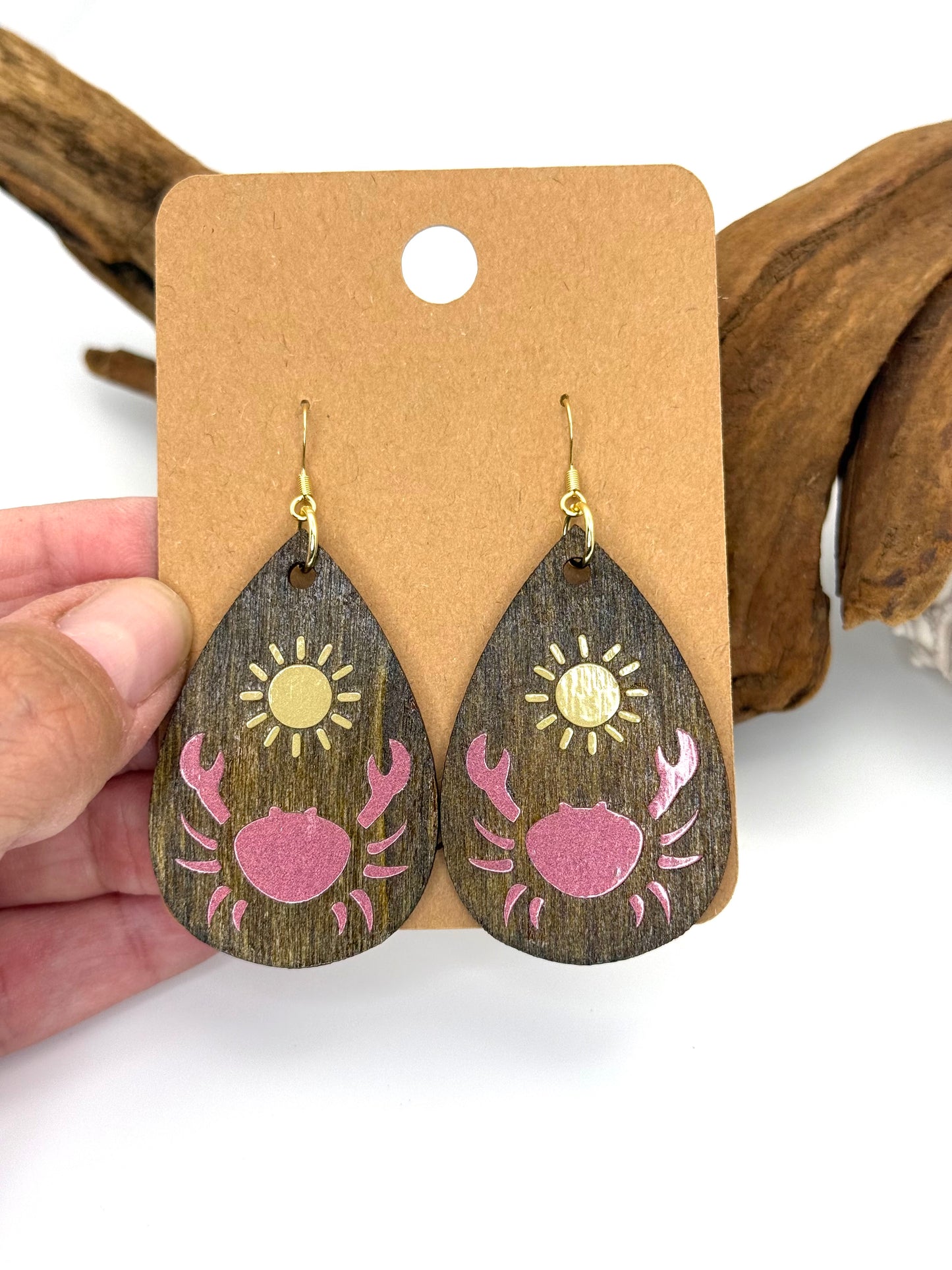 Coastal Crab Wood Earrings | Pink & Gold Botanical Dangles