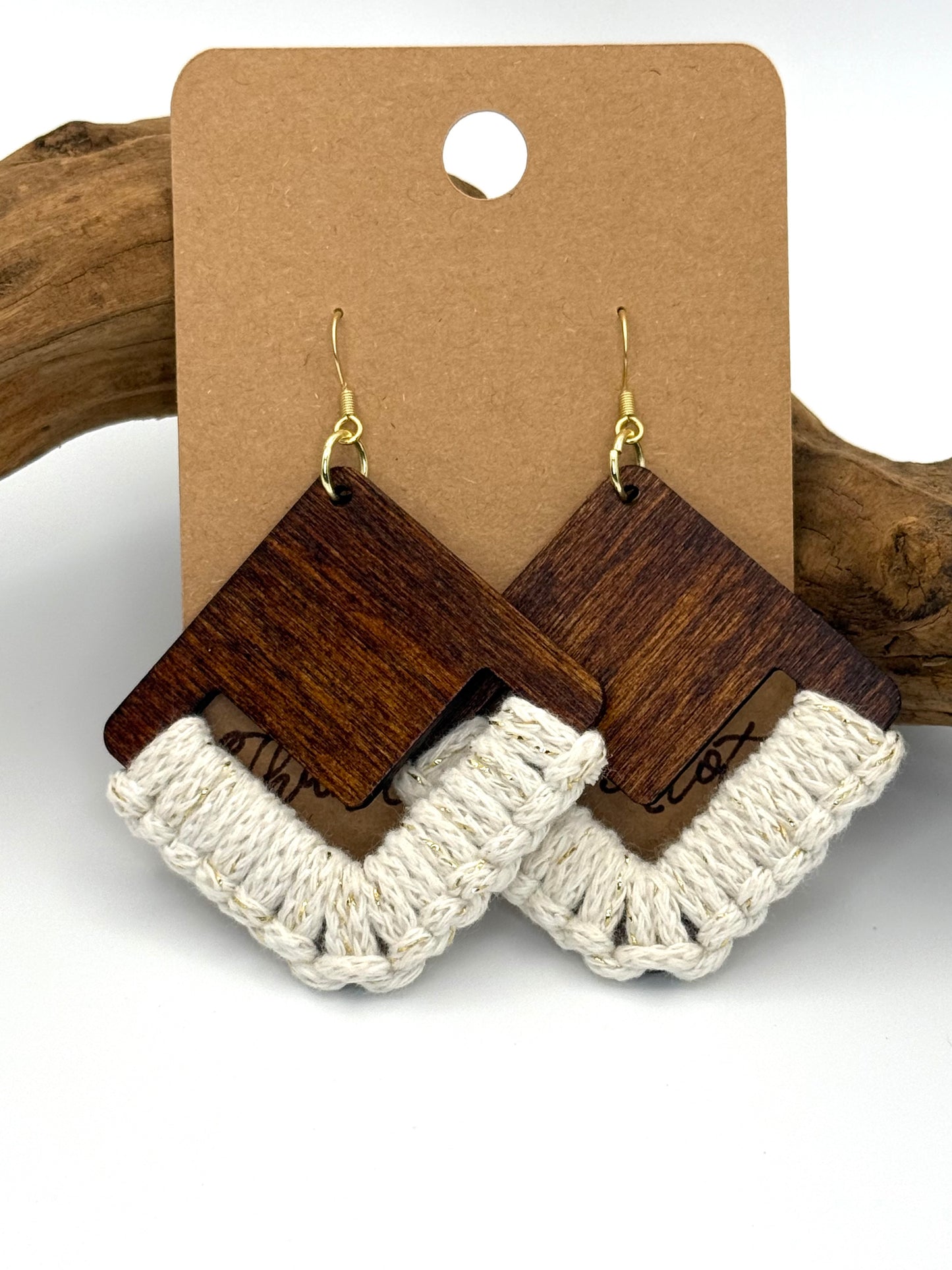 Almost Perfect – Cream & Gold Macramé Wood Earrings