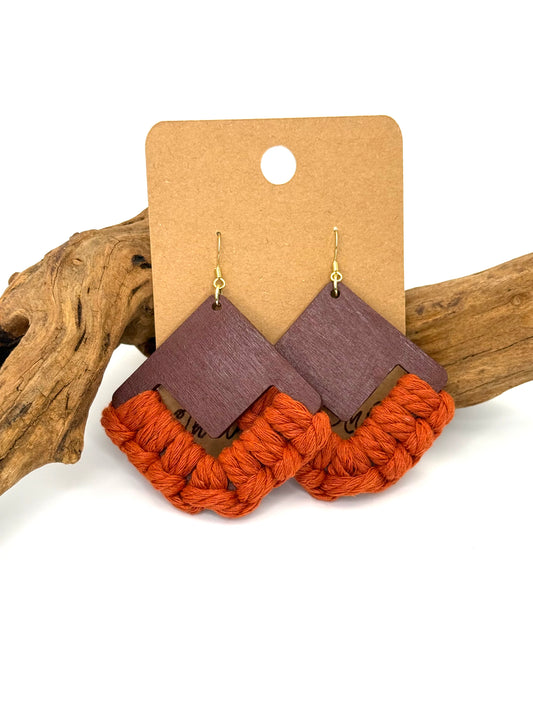 Rust Macrame & Hand-Painted Wood Earrings | Gold Stainless Steel