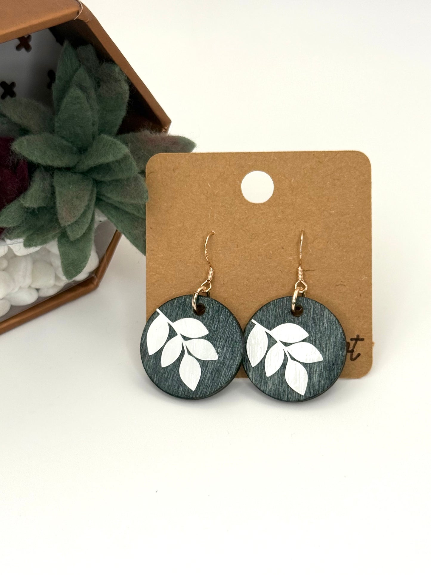 Blue Gray Botanical Wood Earrings | White Leaf Dangles