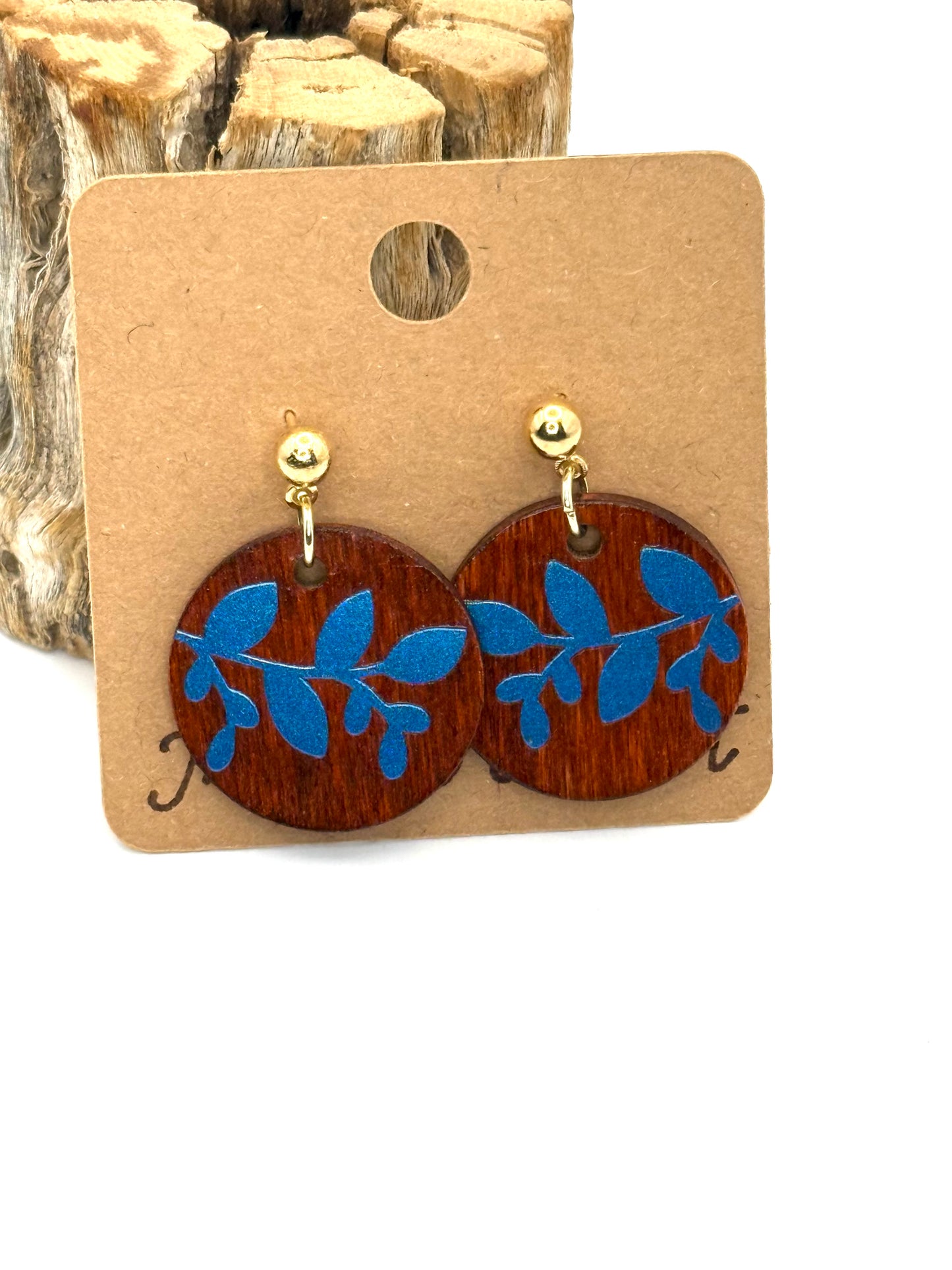 Blue Holographic Botanical Wood Earrings | Petite Round Stud Dangles