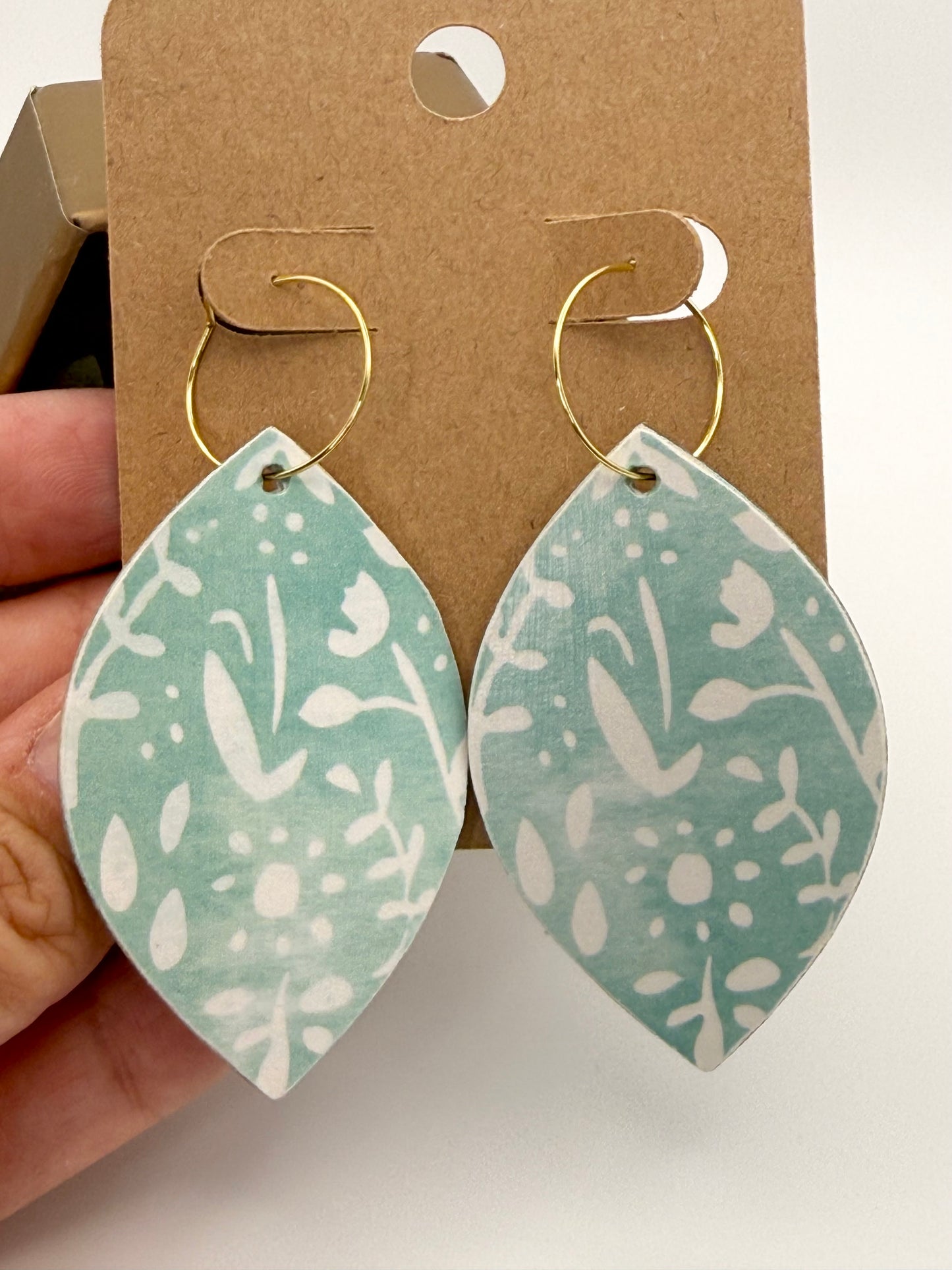 Mint Botanical Wood Earrings | Minimal Floral Hoop Earrings