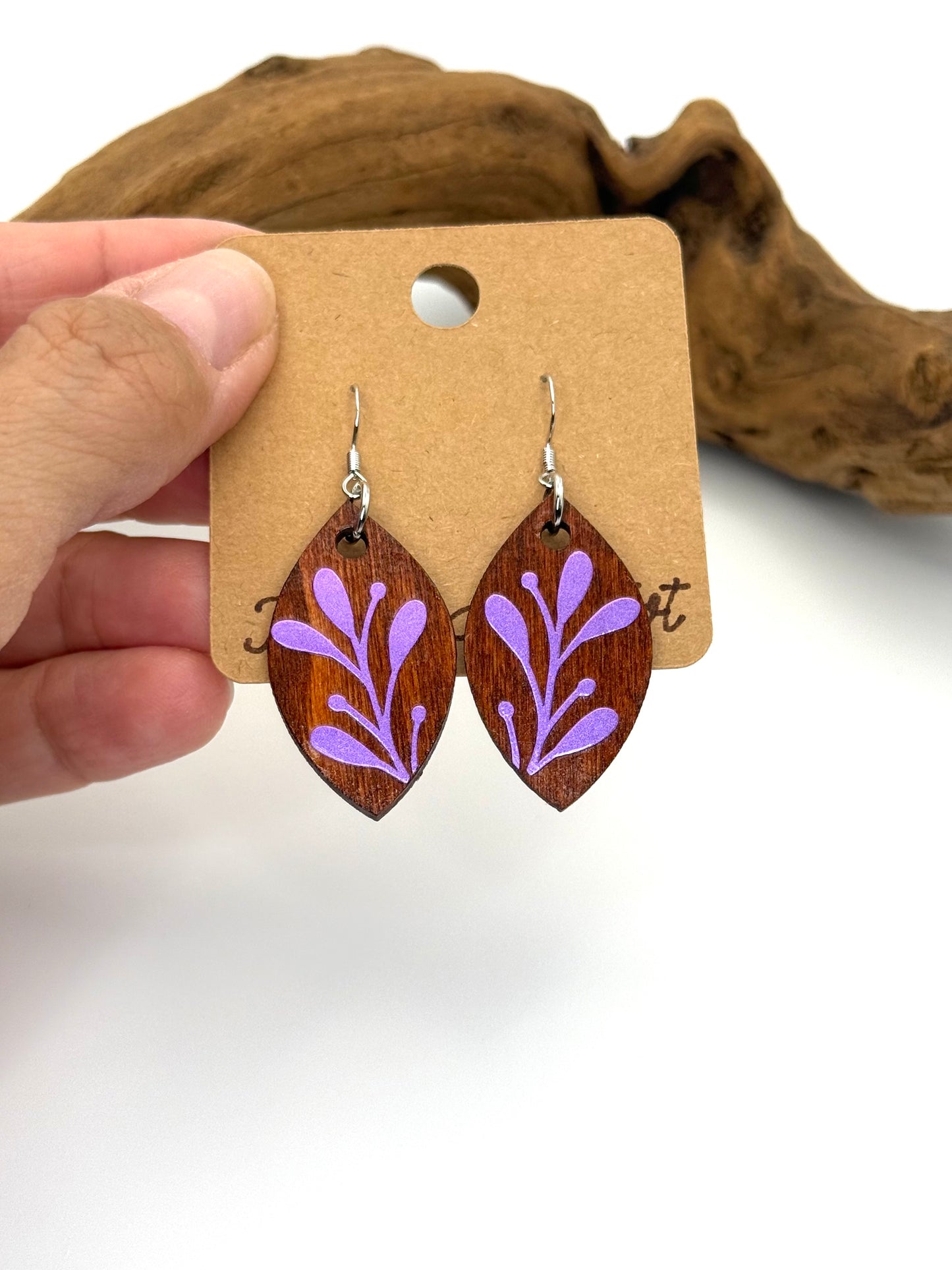 Purple Holographic Botanical Wood Earrings | Petite Leaf Dangles