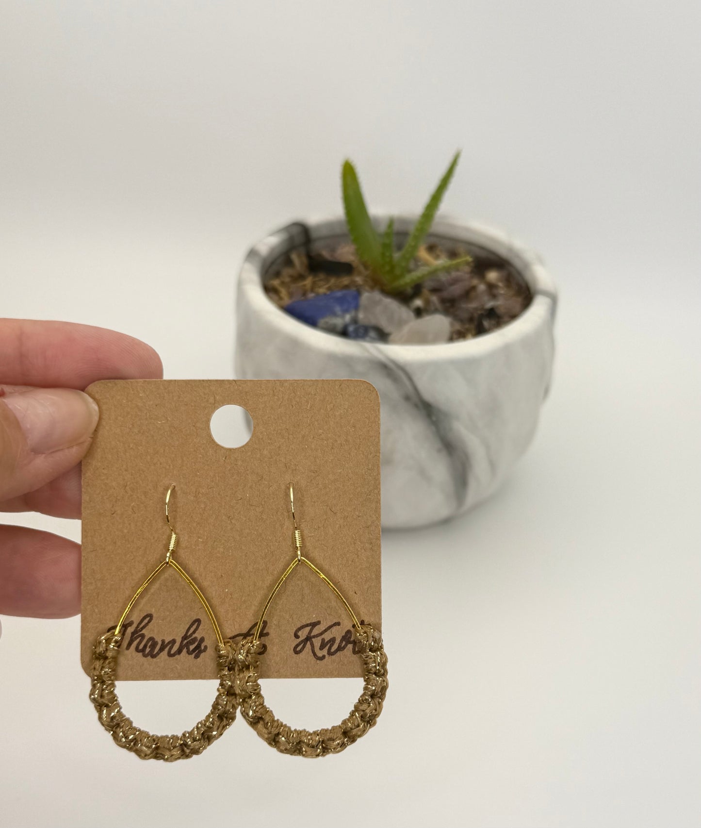 Last Chance Gold Teardrop Macramé Earrings | Handmade Statement Fiber Earrings