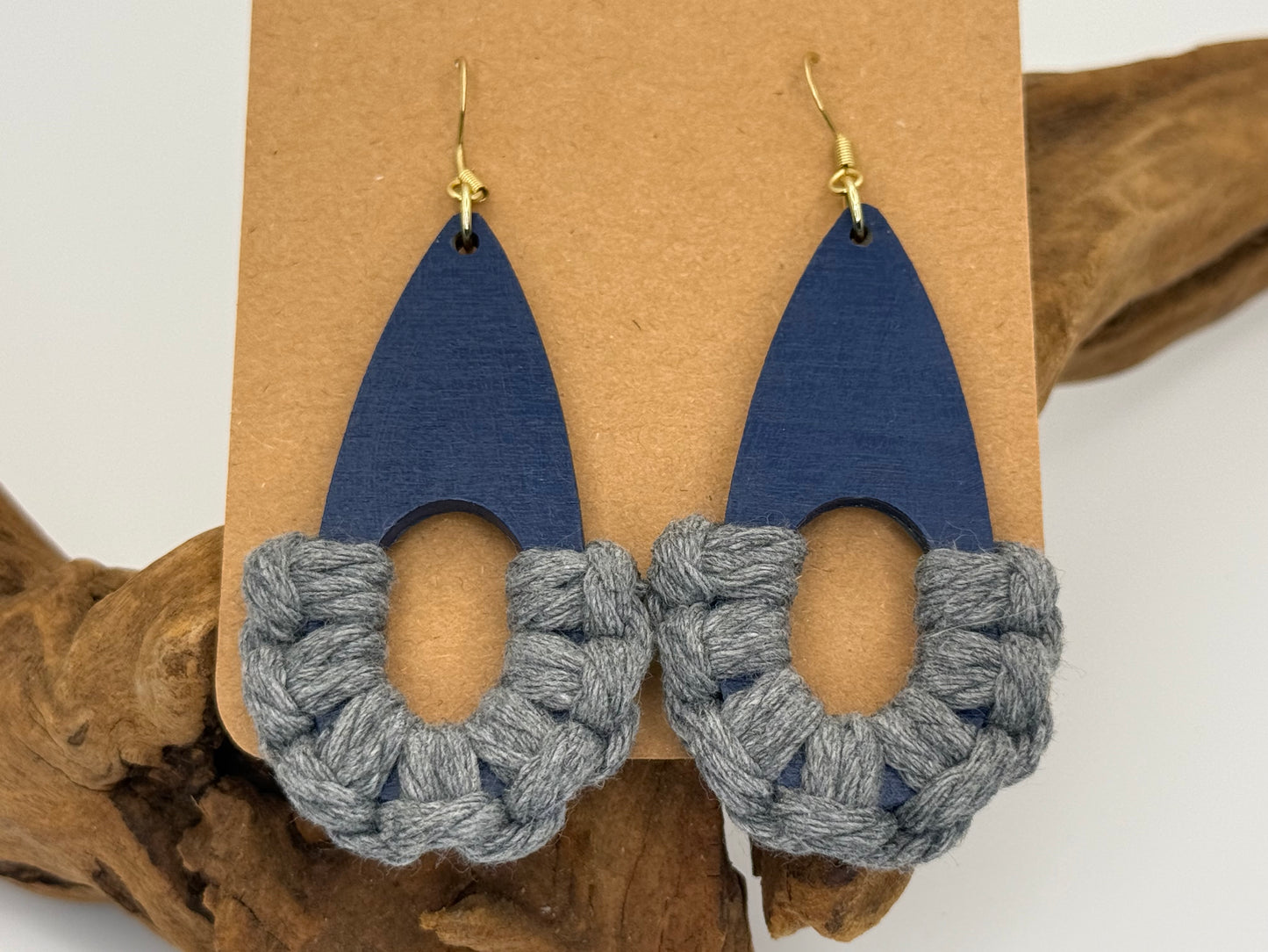 Modern Macramé Wood Earrings | Slate Blue & Gray
