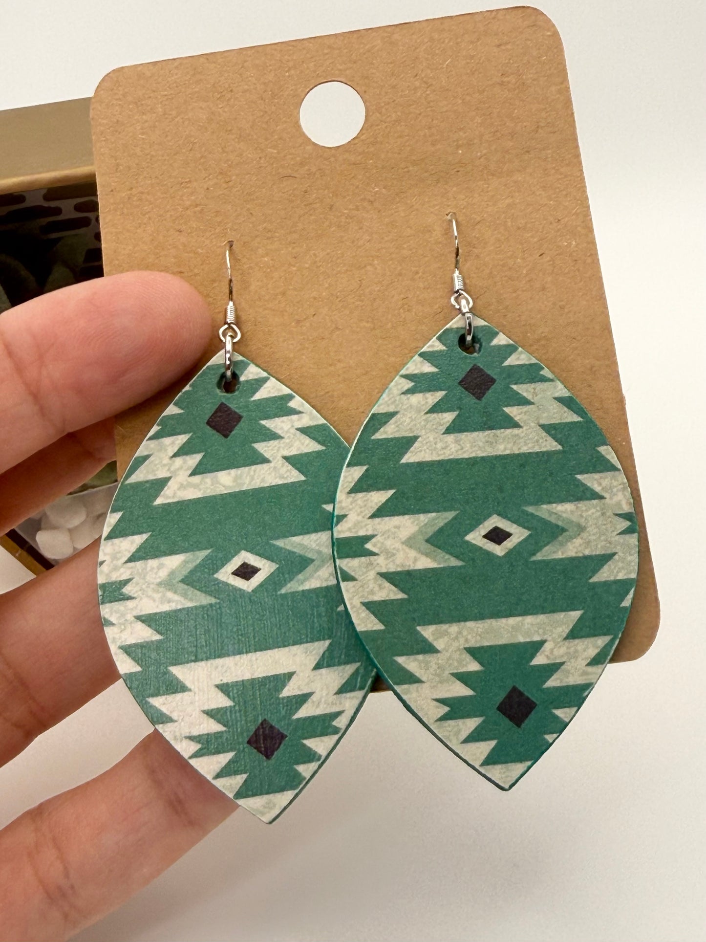 Turquoise Southwest Wood Earrings | Aztec Decoupage Statement Earrings
