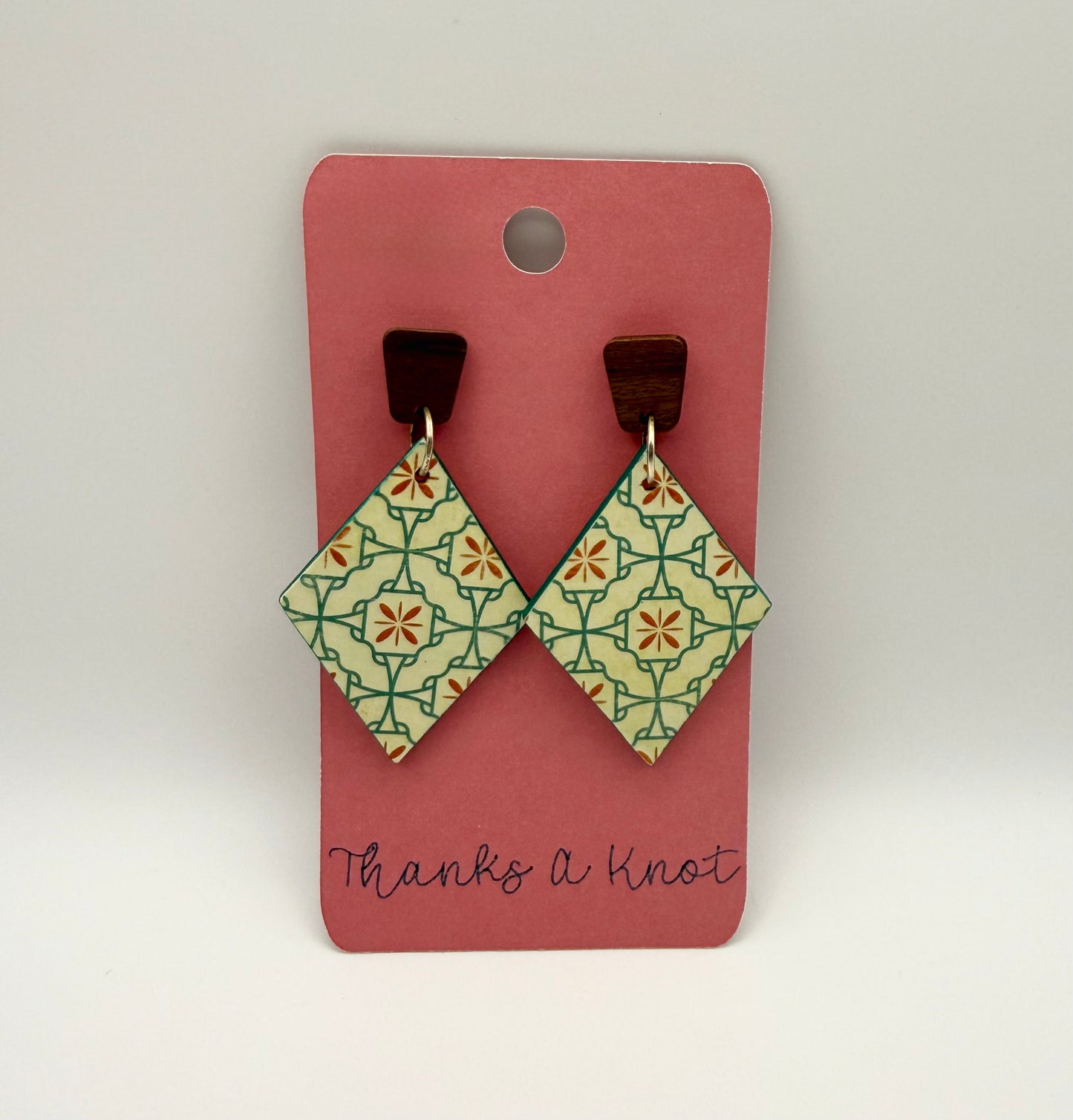 Wood and paper decoupage stud drop earrings
