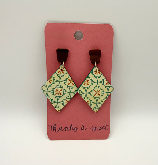 Wood and paper decoupage stud drop earrings