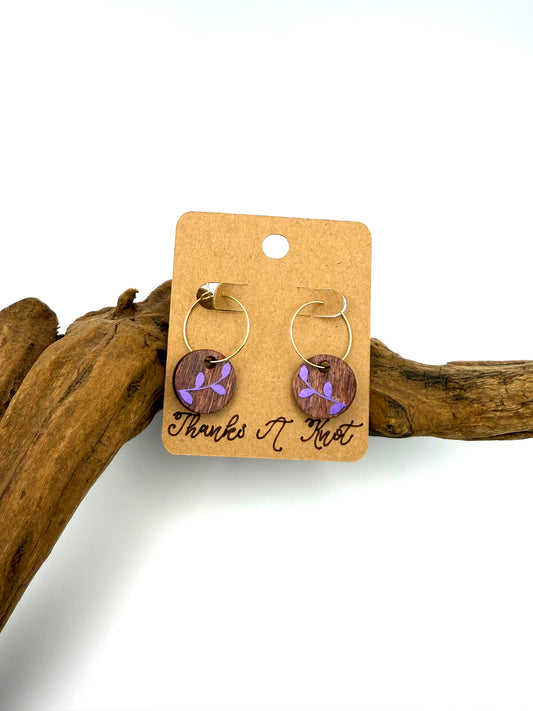 Purple Shimmer Botanical Wood Hoops | Petite Leaf Earrings