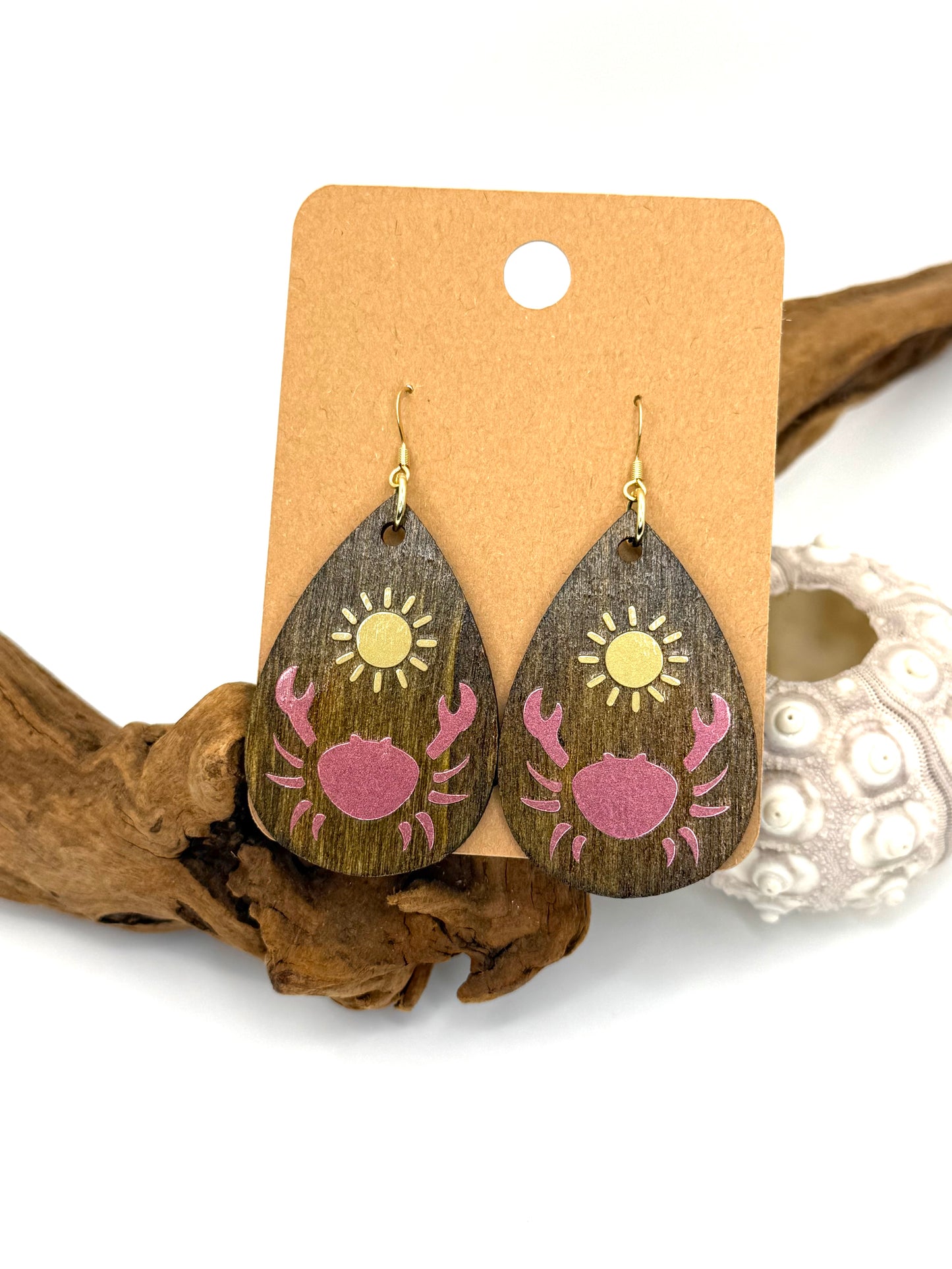 Coastal Crab Wood Earrings | Pink & Gold Botanical Dangles