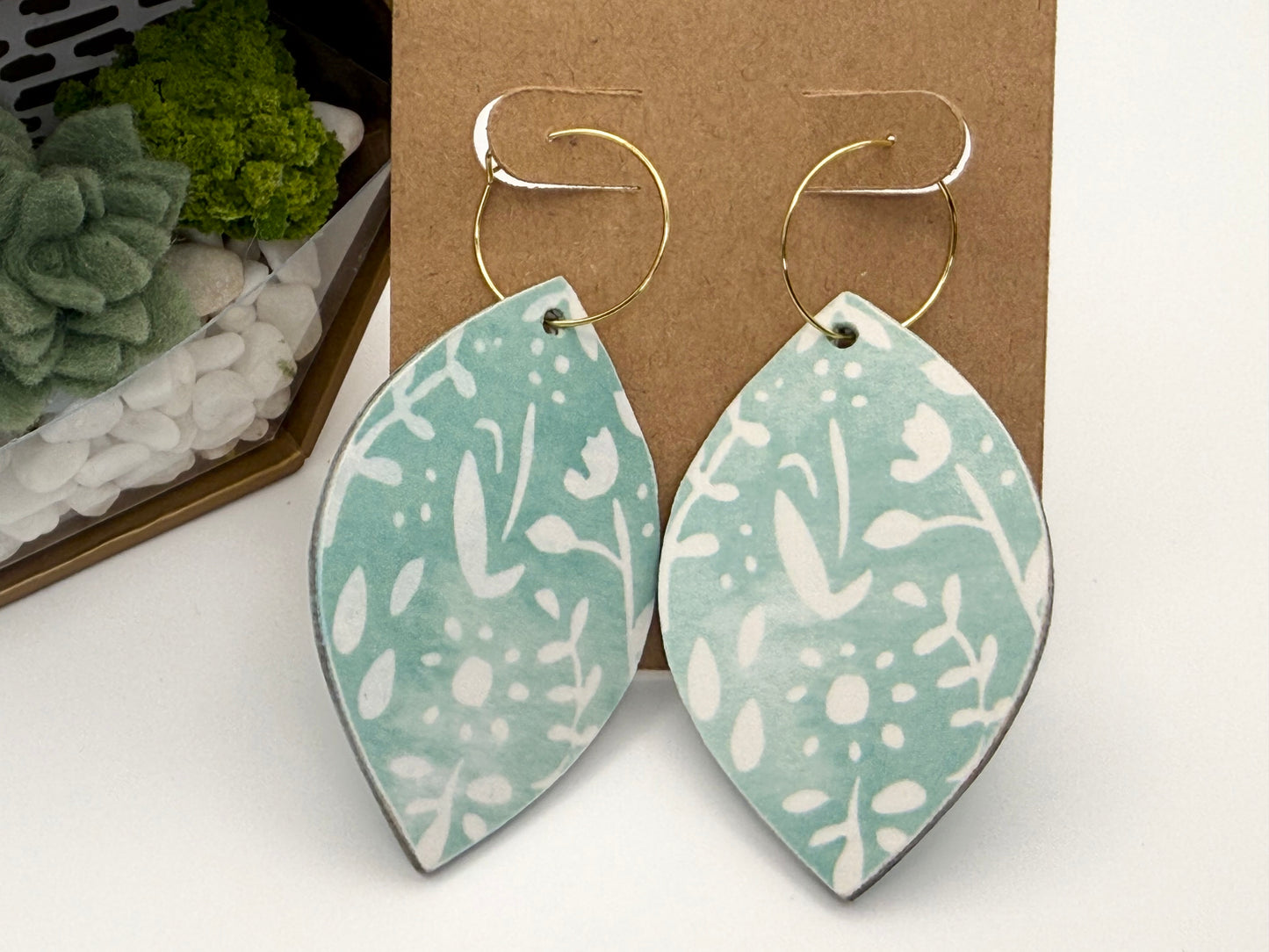 Mint Botanical Wood Earrings | Minimal Floral Hoop Earrings