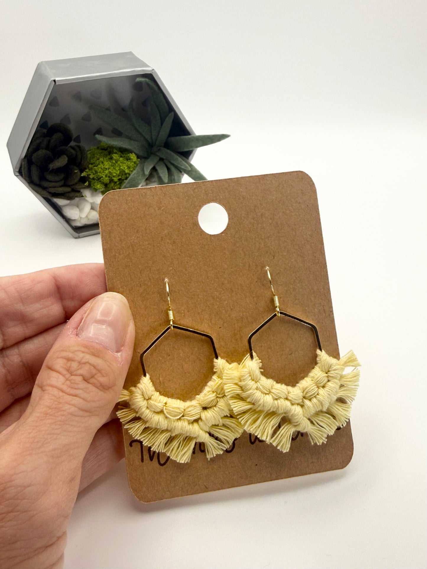 Light Yellow Macramé Hexagon Earrings | Handmade Boho Fringe Earrings