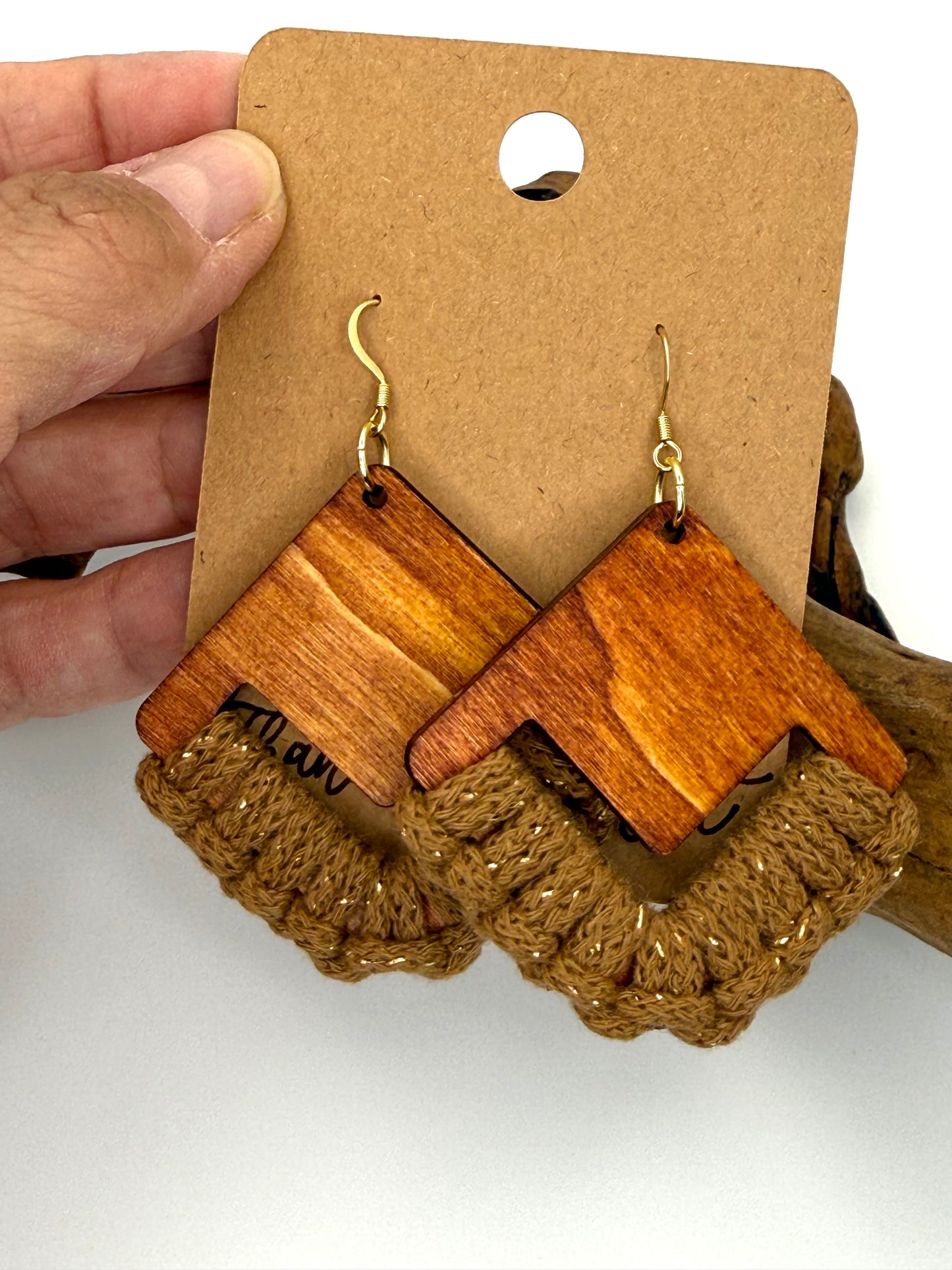 Warm Brown Wood & Macramé Earrings | Gold Fleck Statement Dangles