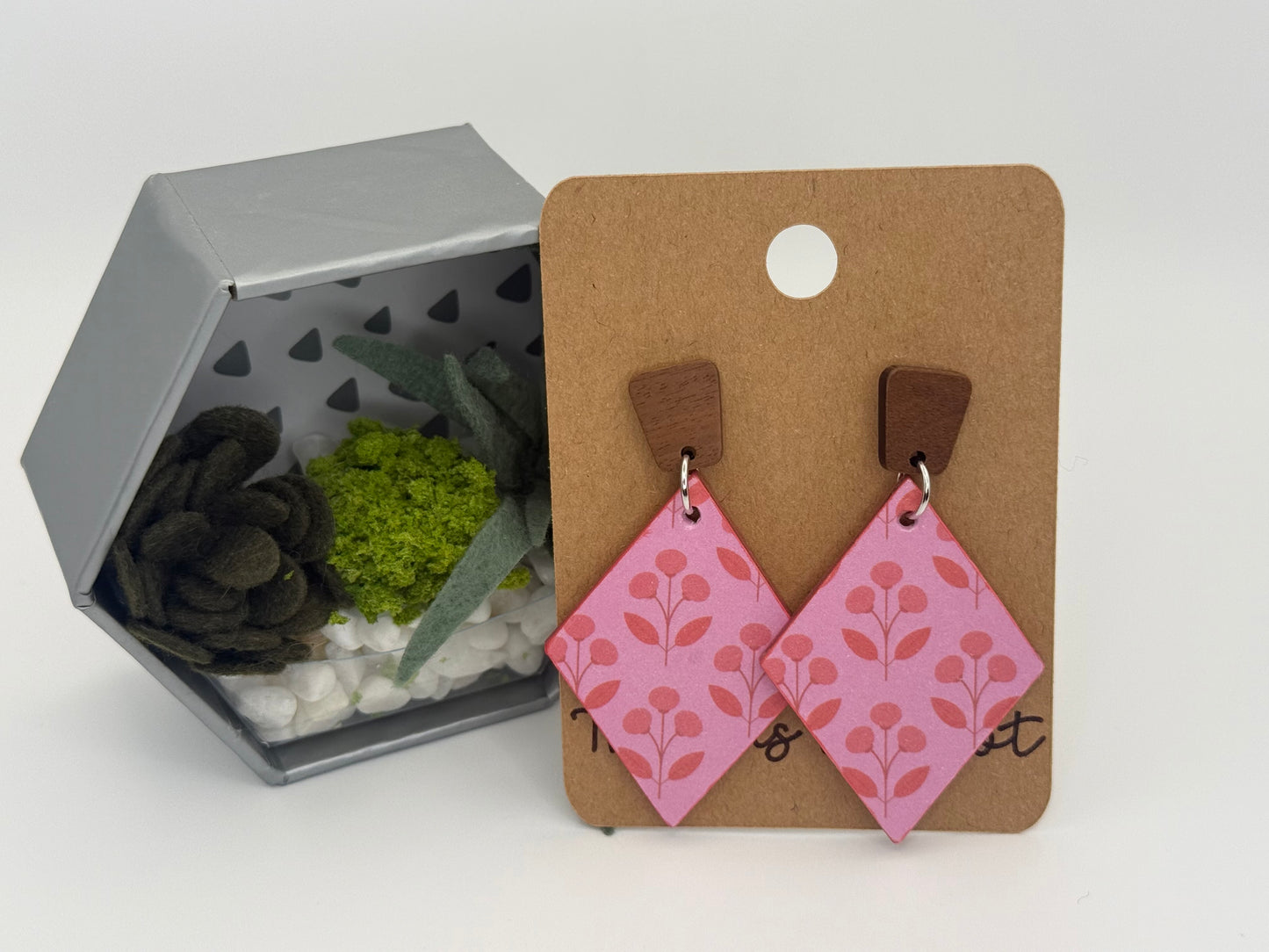 Pink Floral Wood Earrings | Hand Painted Geometric Statement Earrings