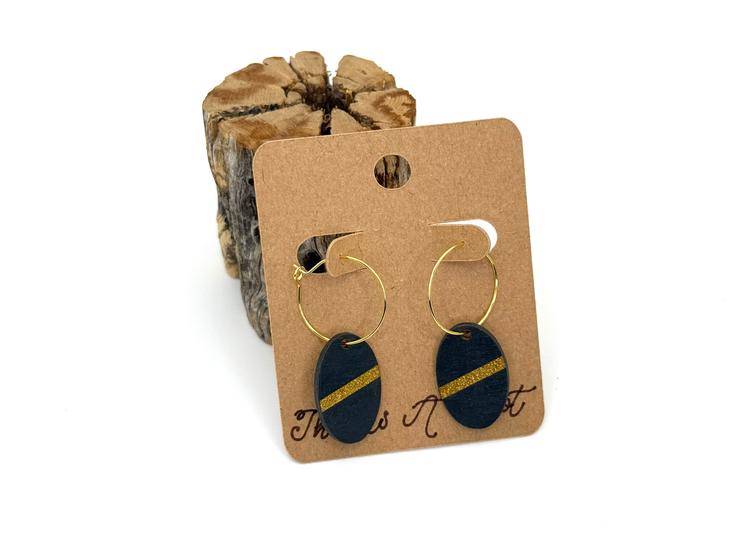 Modern Black & Gold Hoop Earrings | Hand Painted Wood Dangles