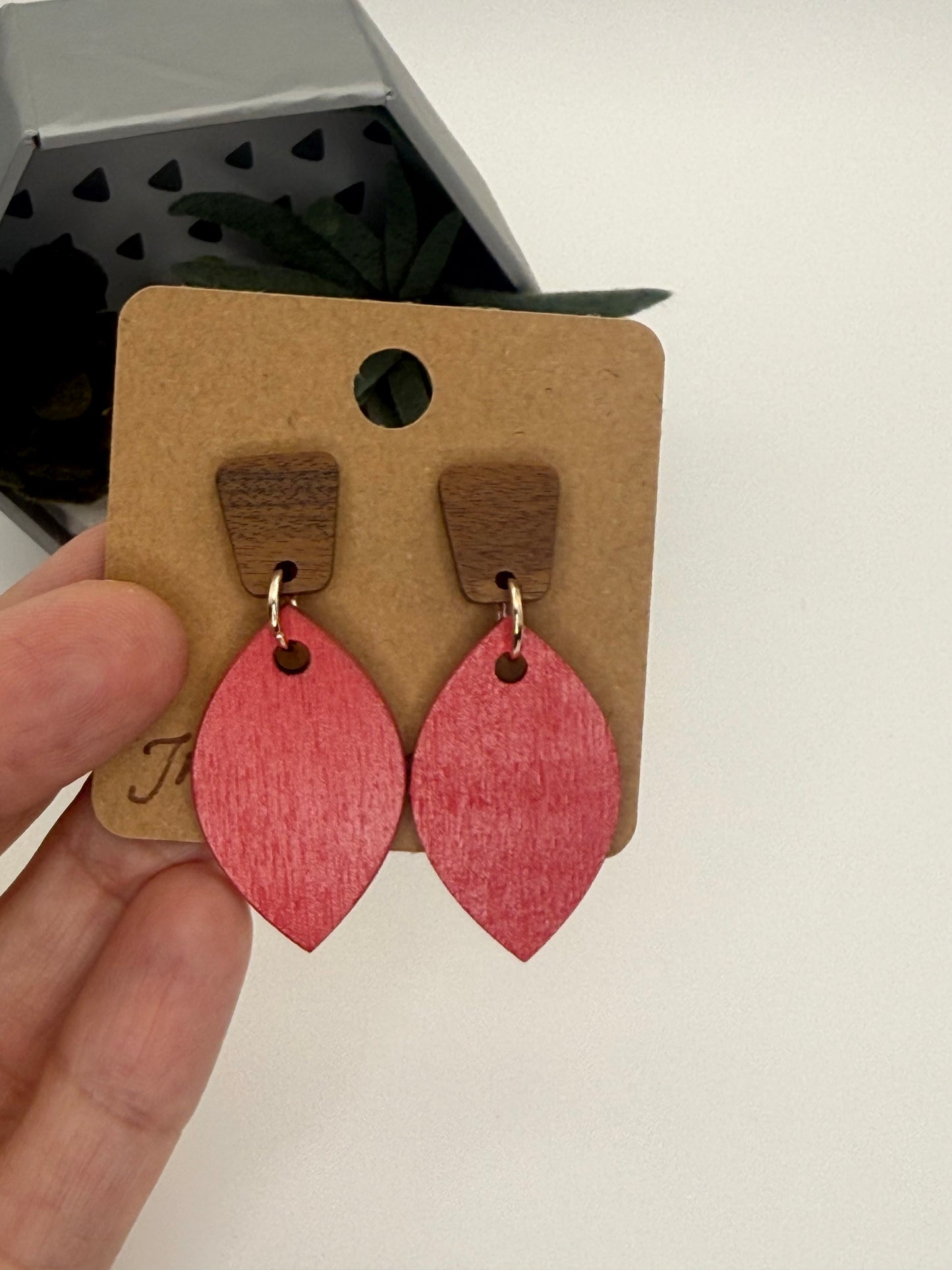 Hand Painted Wood Earrings | Coral Pink Wood Stud Earrings