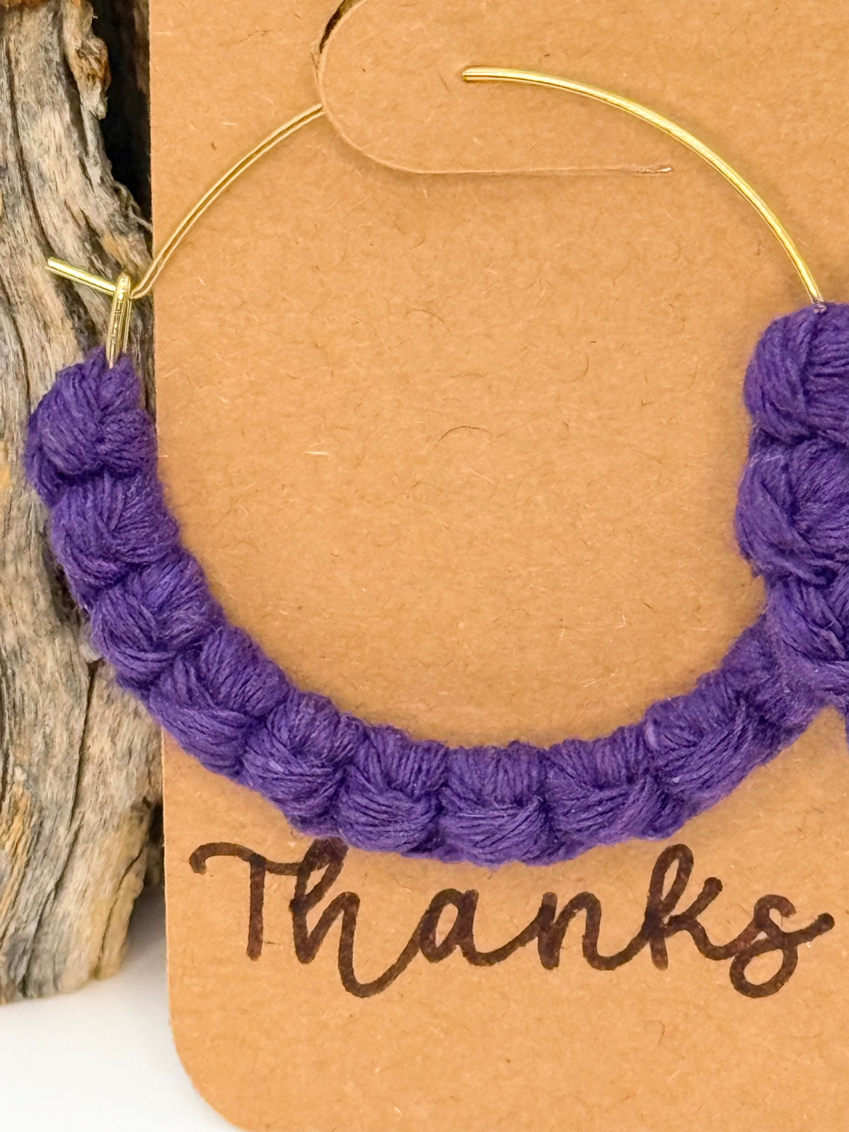 Royal Purple Macrame Hoop Earrings | 35mm Gold Stainless Steel