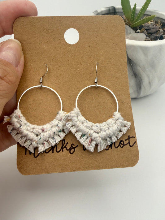 Handmade Macramé Hoop Earrings | Neutral Fringe Fiber Earrings