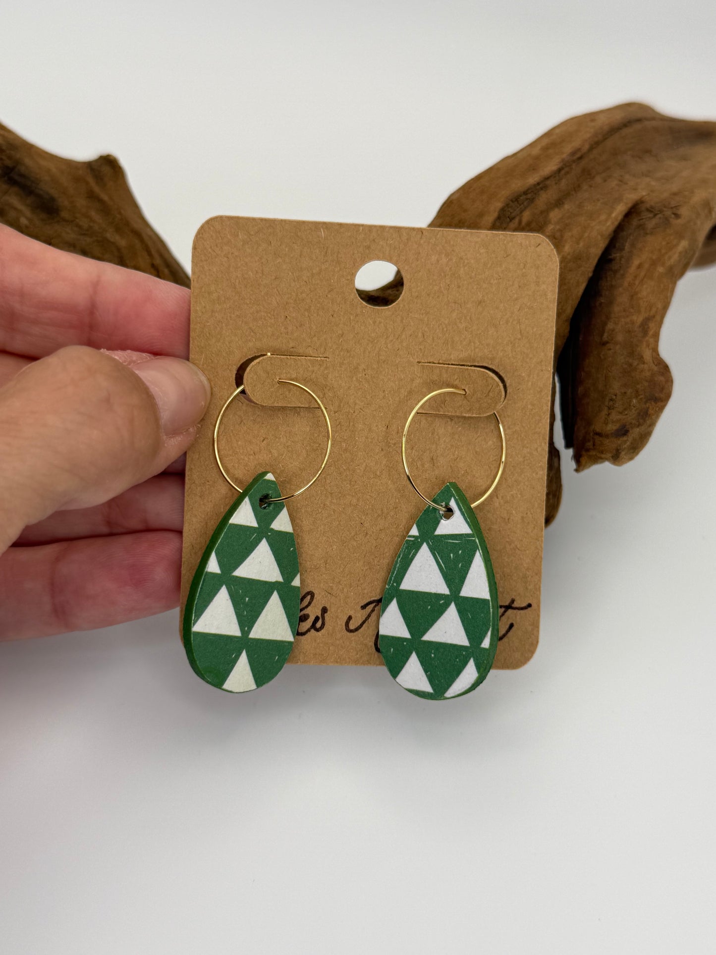 Modern Green Geometric Hoop Earrings | Lightweight Wood Hoops