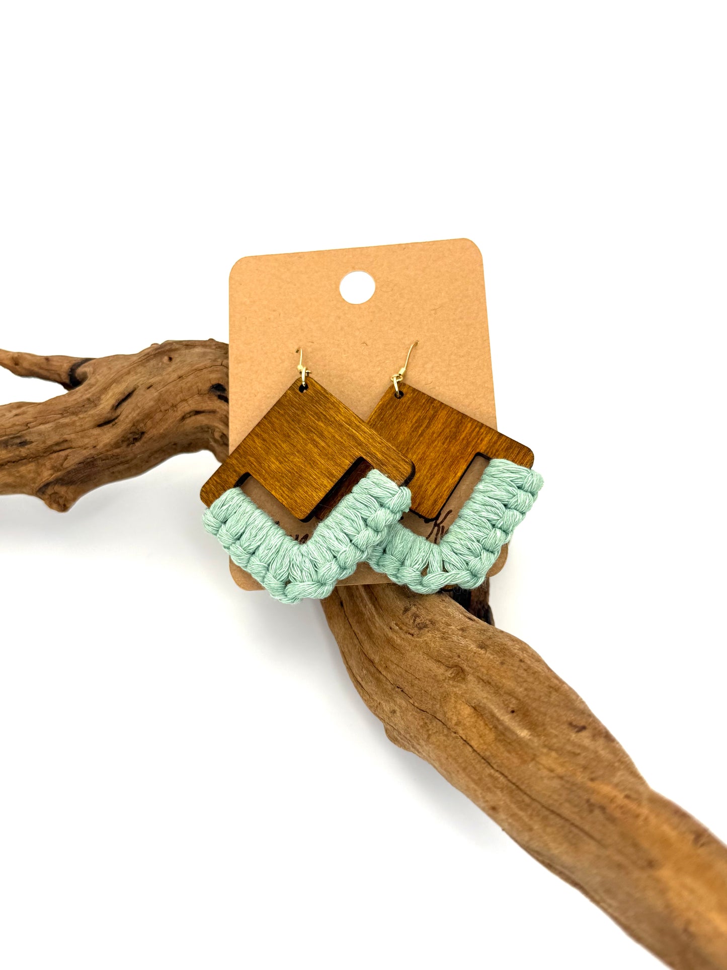 Turquoise Macramé Wood Earrings | Hand Knotted Geometric Dangles