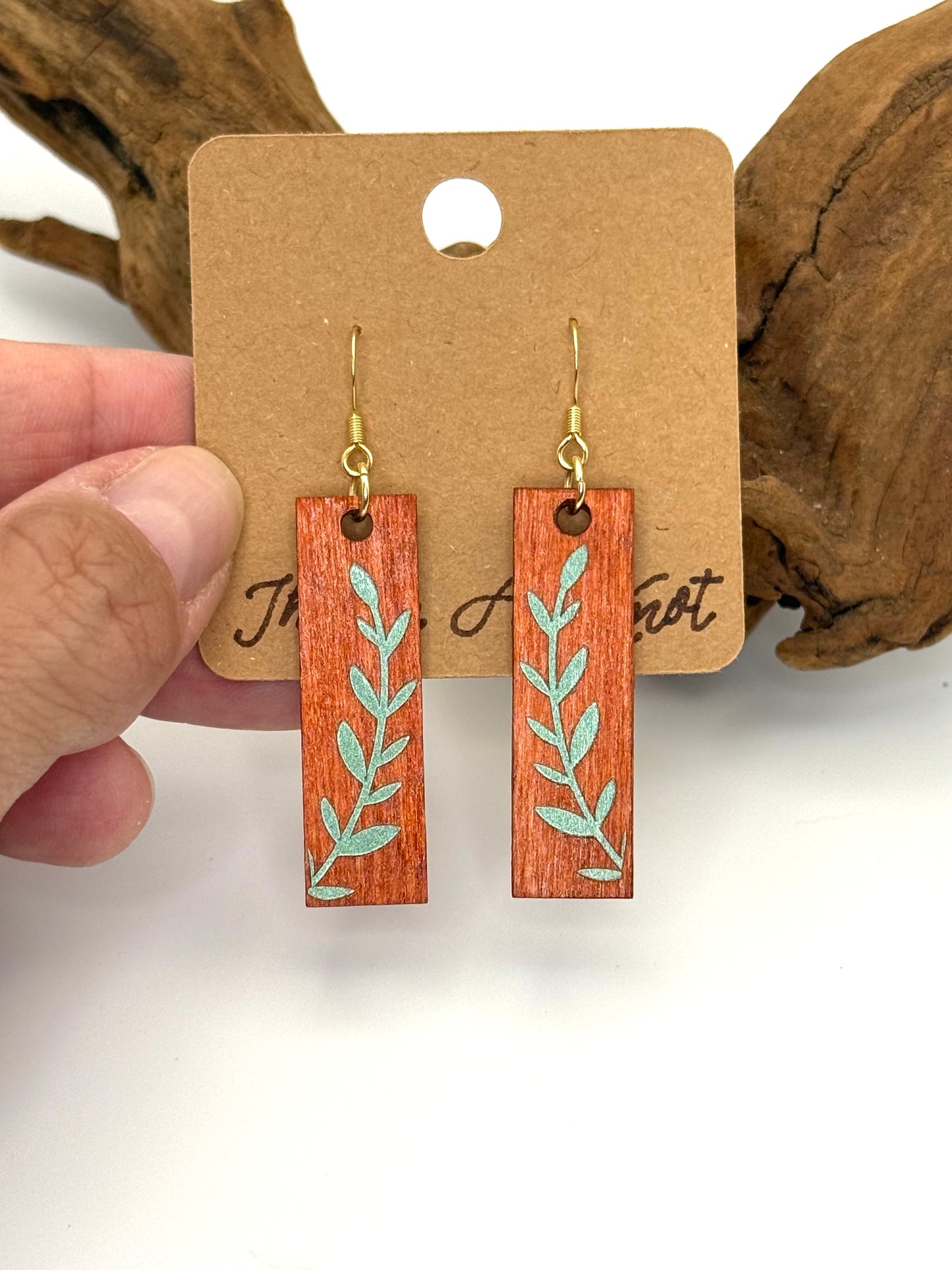 Sage Holographic Leaf Dangles | Amber Wood Botanical Earrings
