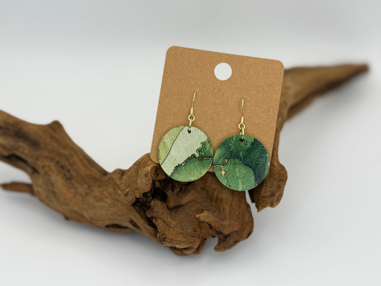 Green Watercolor Wood Earrings | Abstract Botanical Dangles