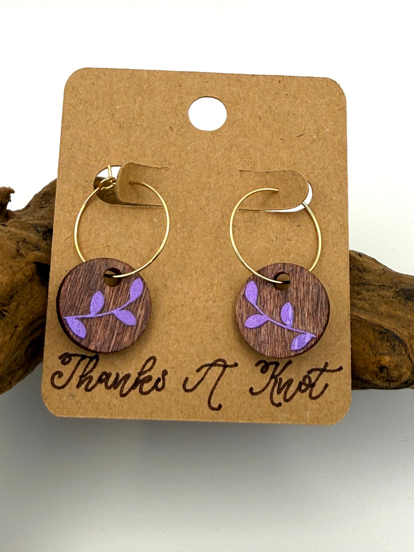 Purple Shimmer Botanical Wood Hoops | Petite Leaf Earrings