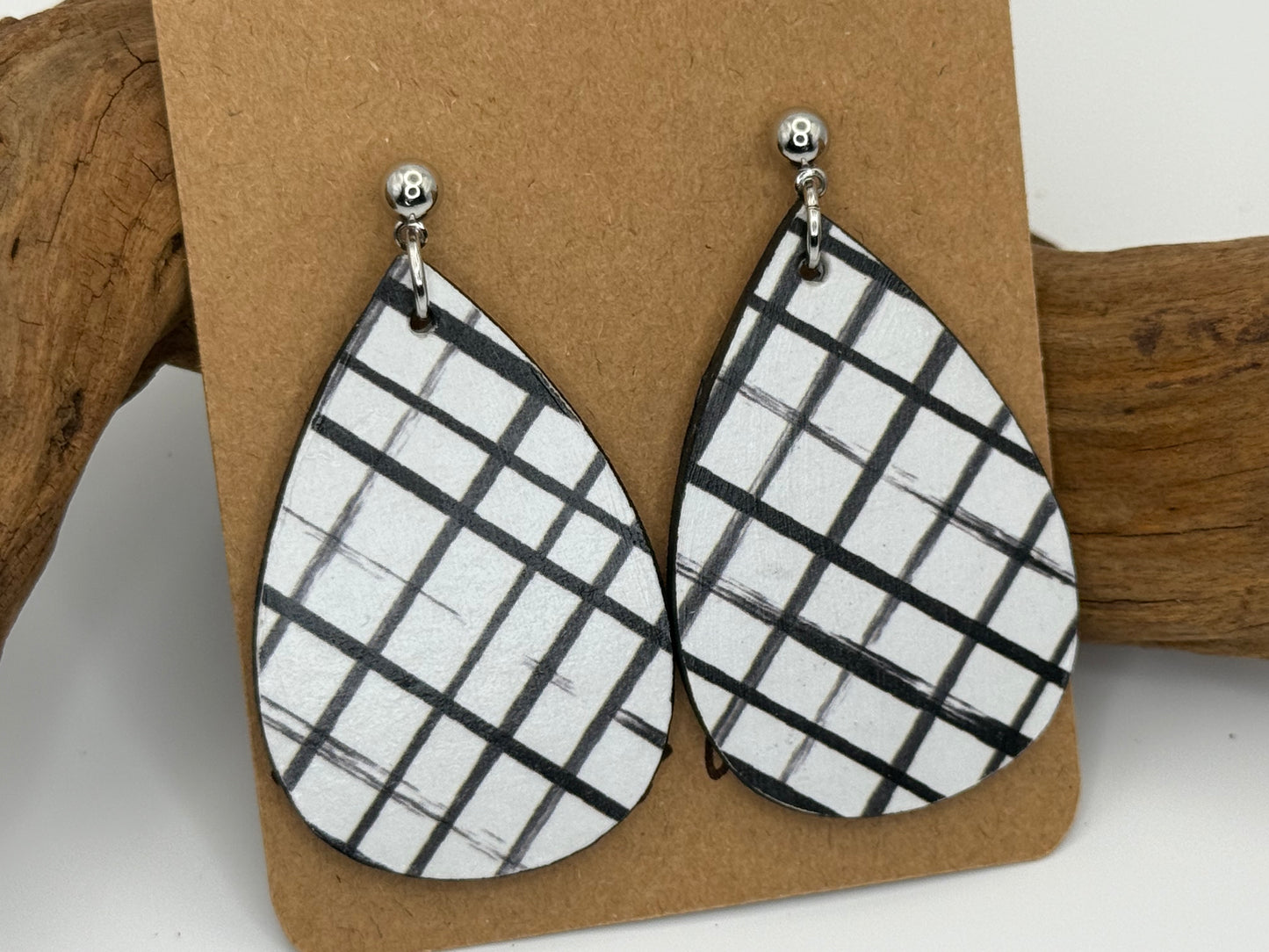Modern Black & White Plaid Wood Earrings | Classic Statement Dangles