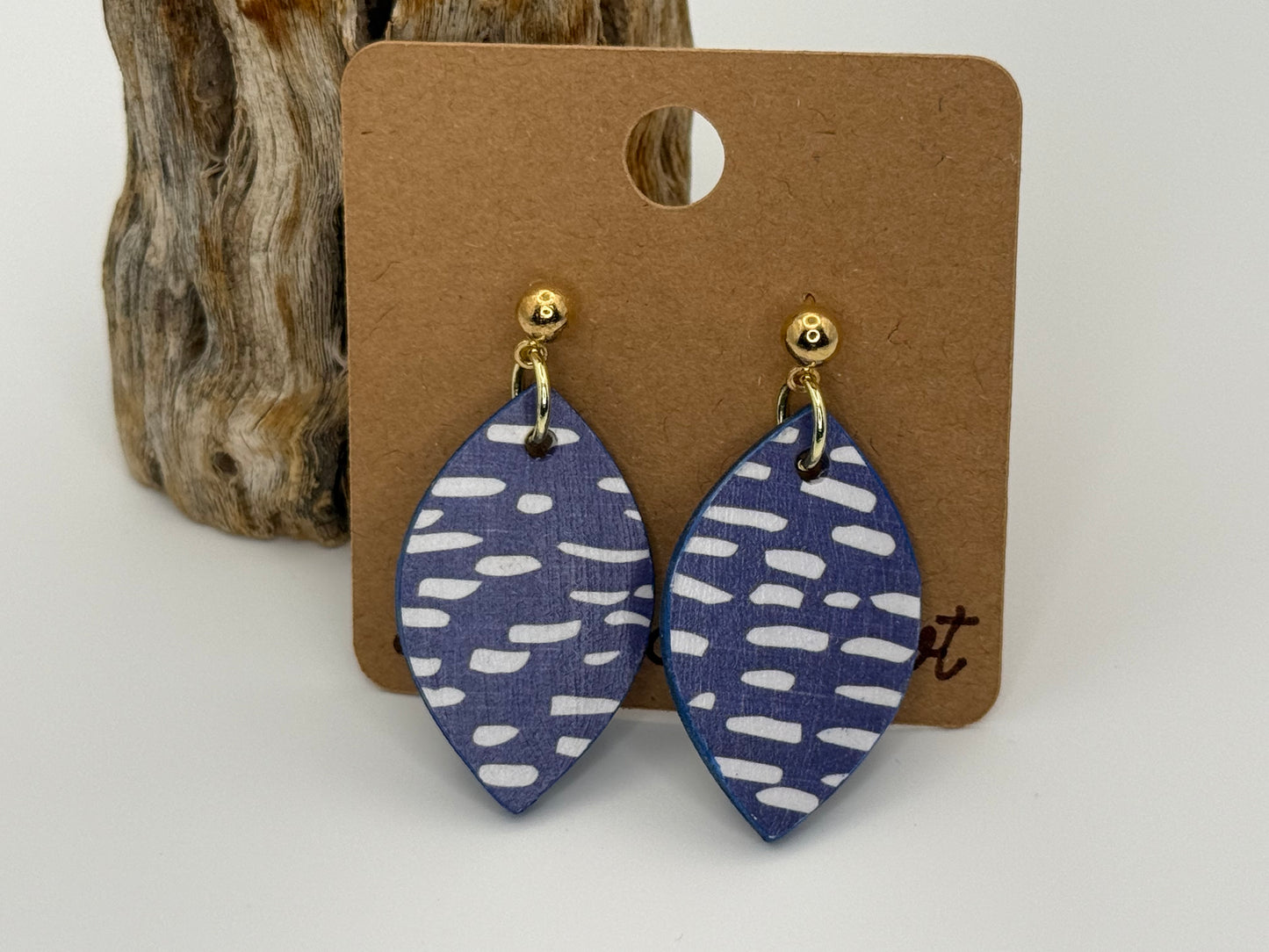 Blue Pattern Wood Earrings | Lightweight Drop OR Stud Style