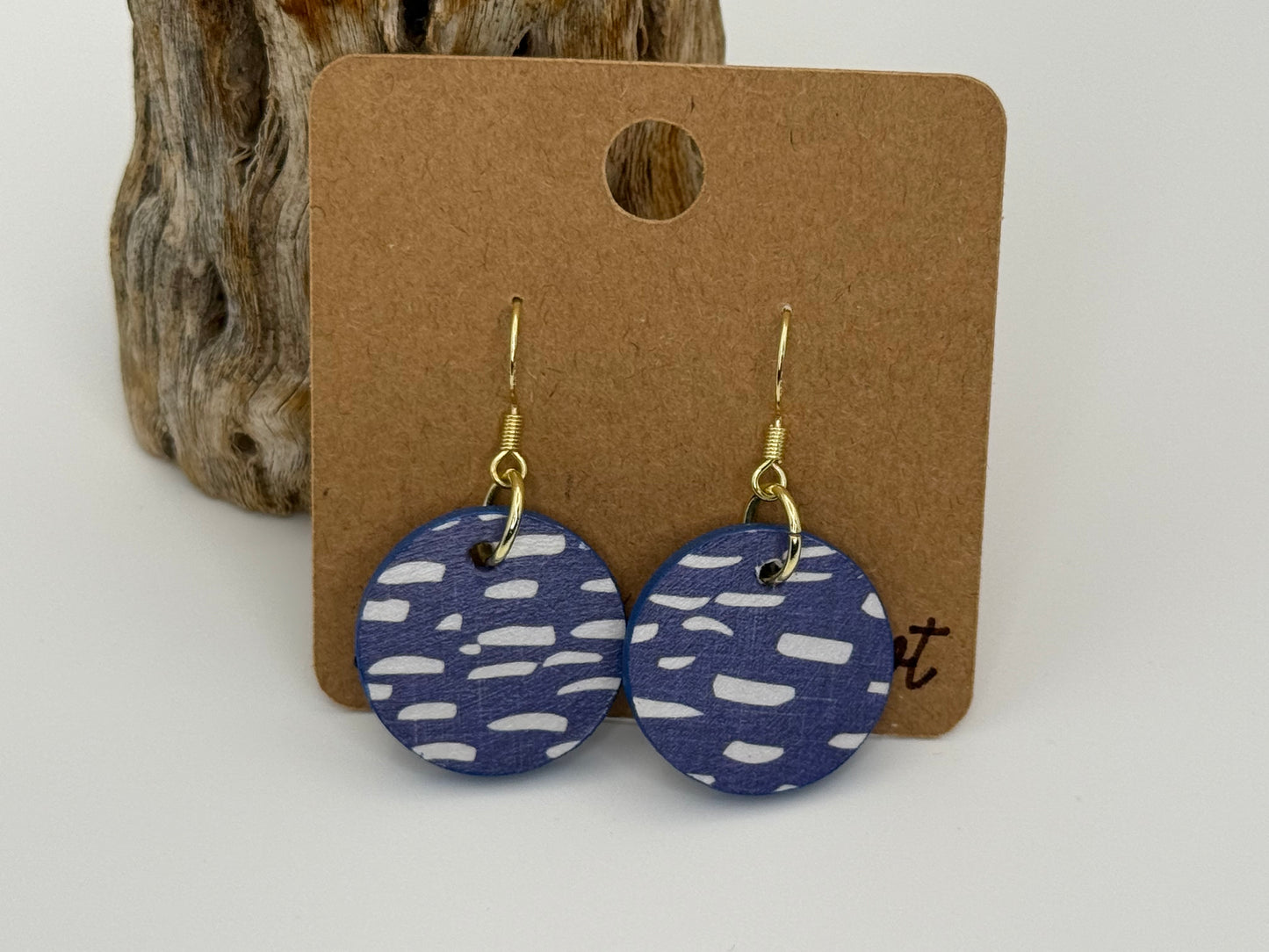 Modern Blue Pattern Wood Earrings | Lightweight Drop Style