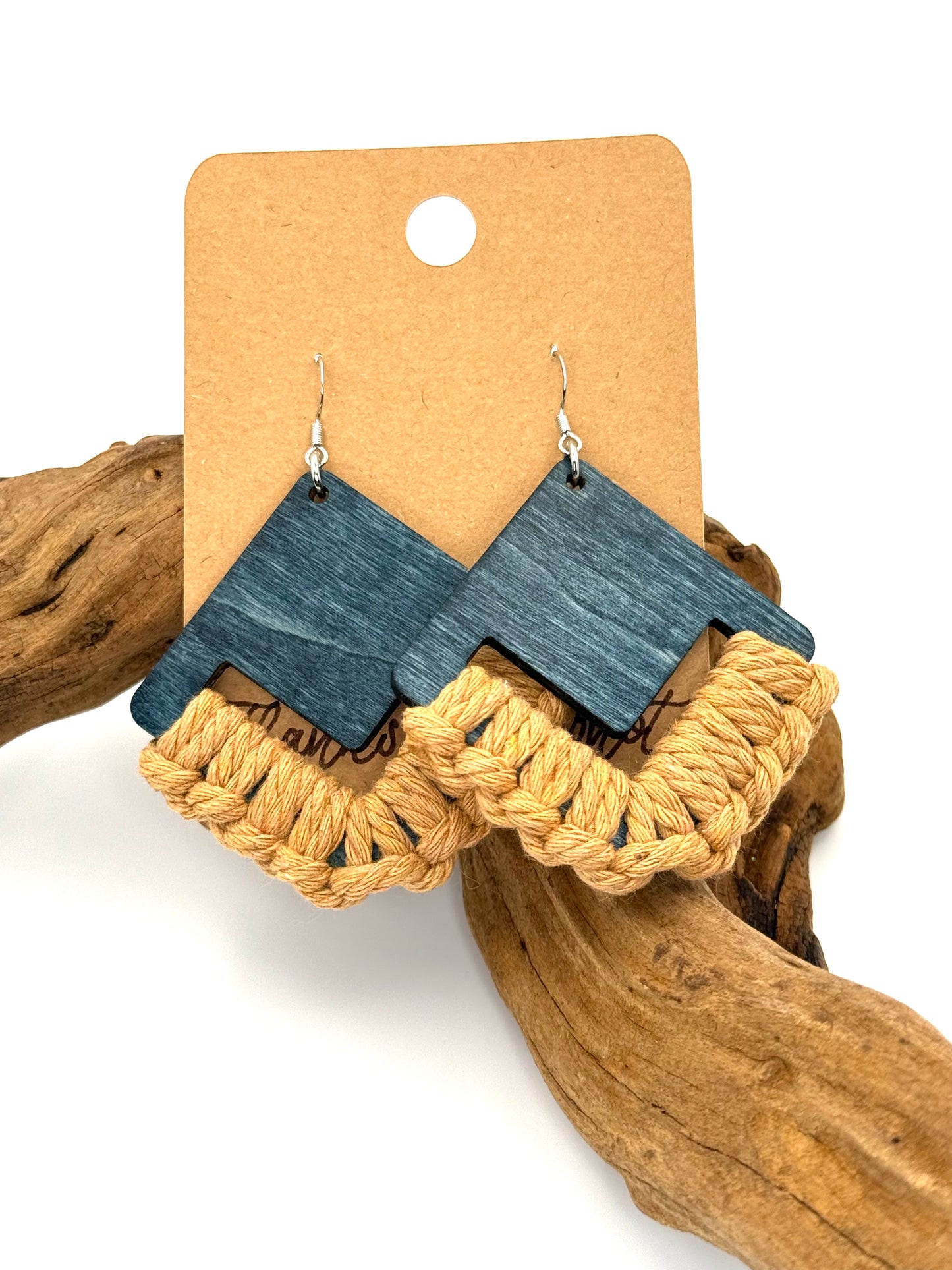 Blue Gray Wood & Macramé Earrings | Beige Geometric Dangles