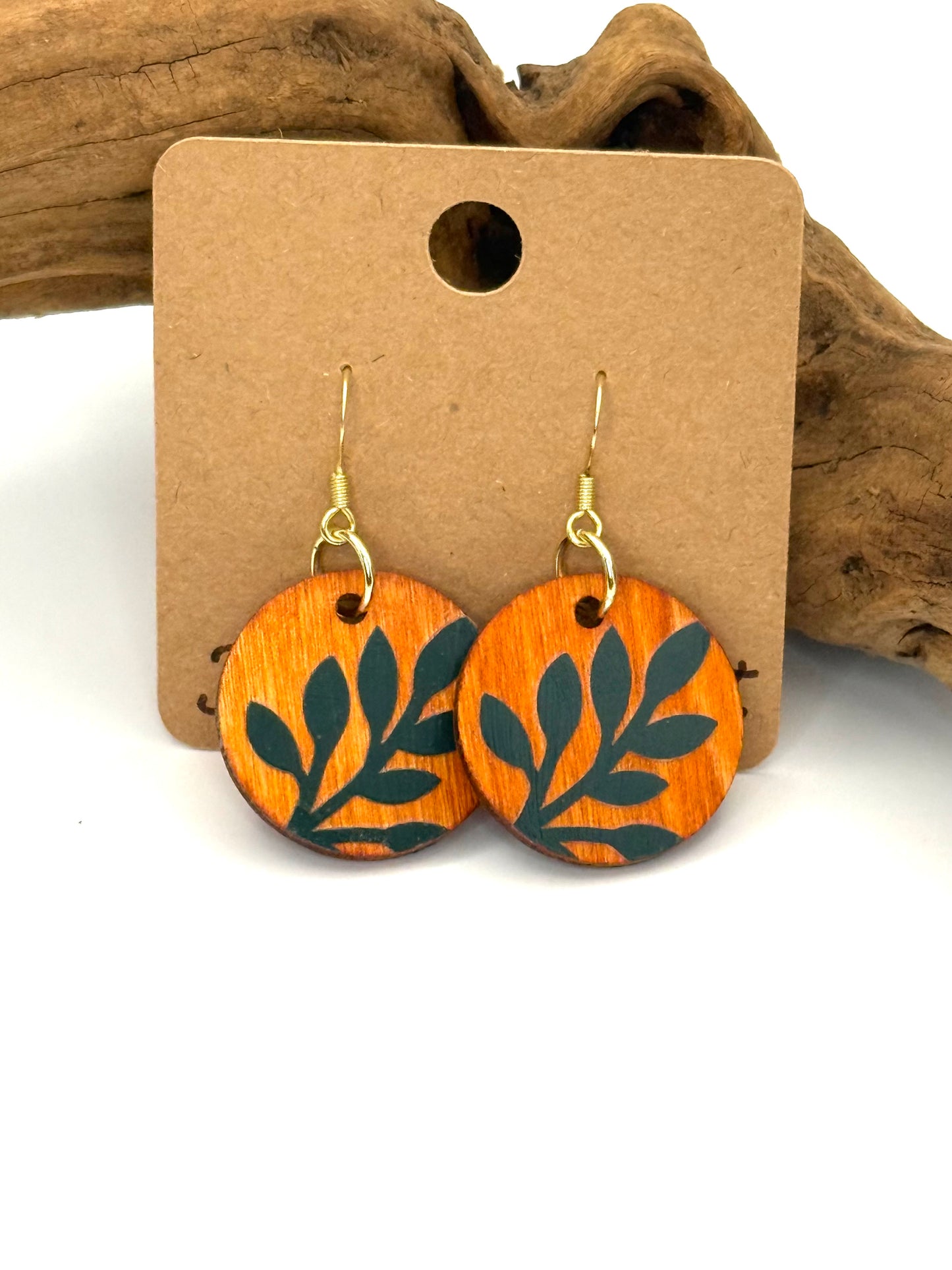 Amber Nature Inspired Wood Earrings | Dark Green Leaf Dangles
