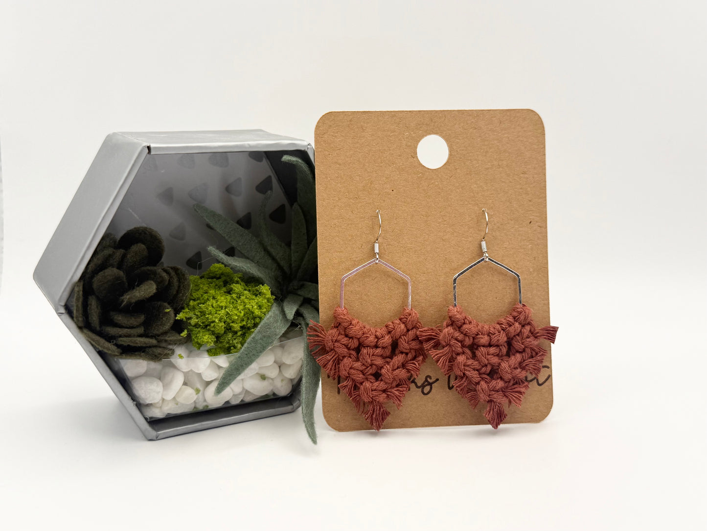 Rust Macramé Hexagon Earrings | Handmade Geometric Fringe Earrings