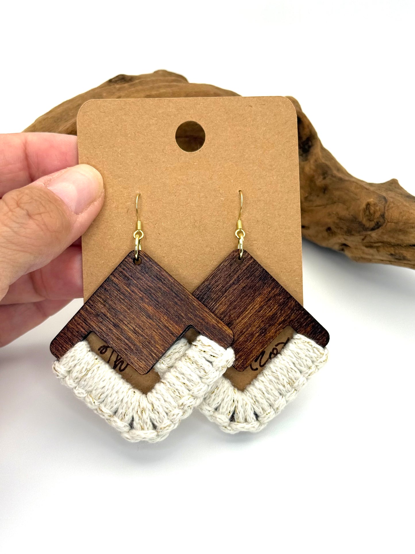 Almost Perfect – Cream & Gold Macramé Wood Earrings