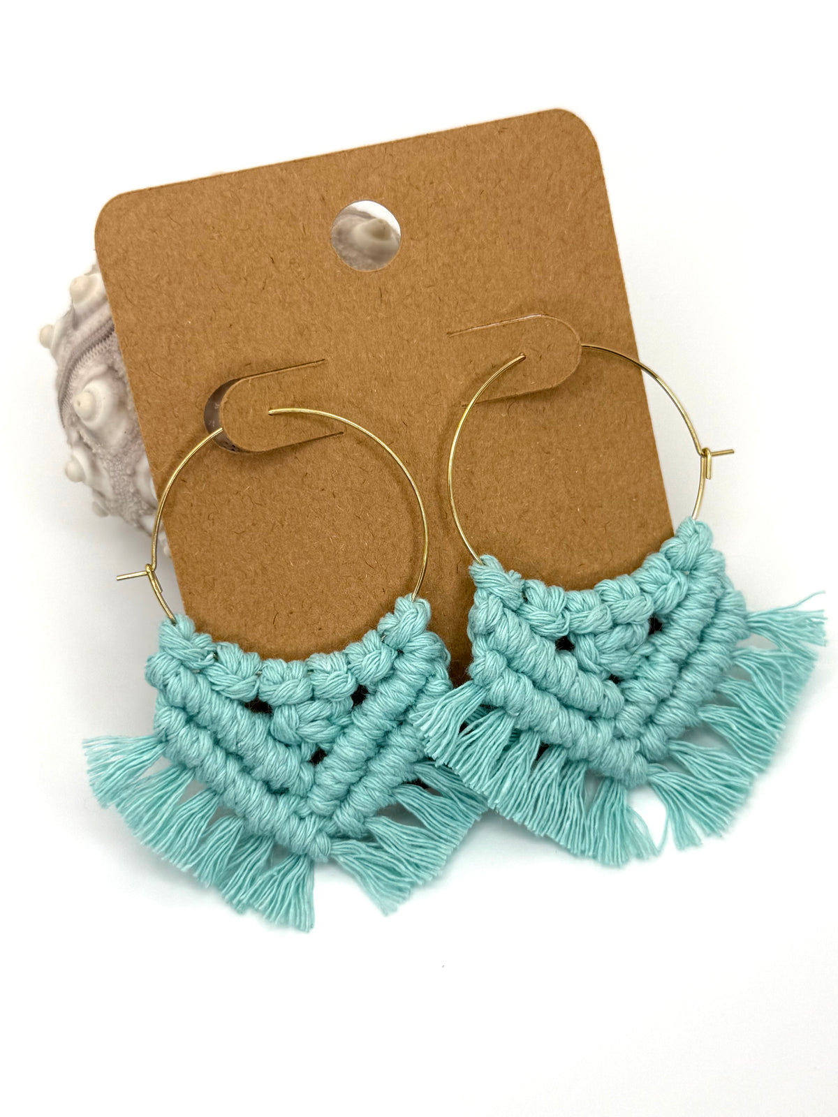 Seafoam Macrame Hoop Earrings | Gold Stainless Steel