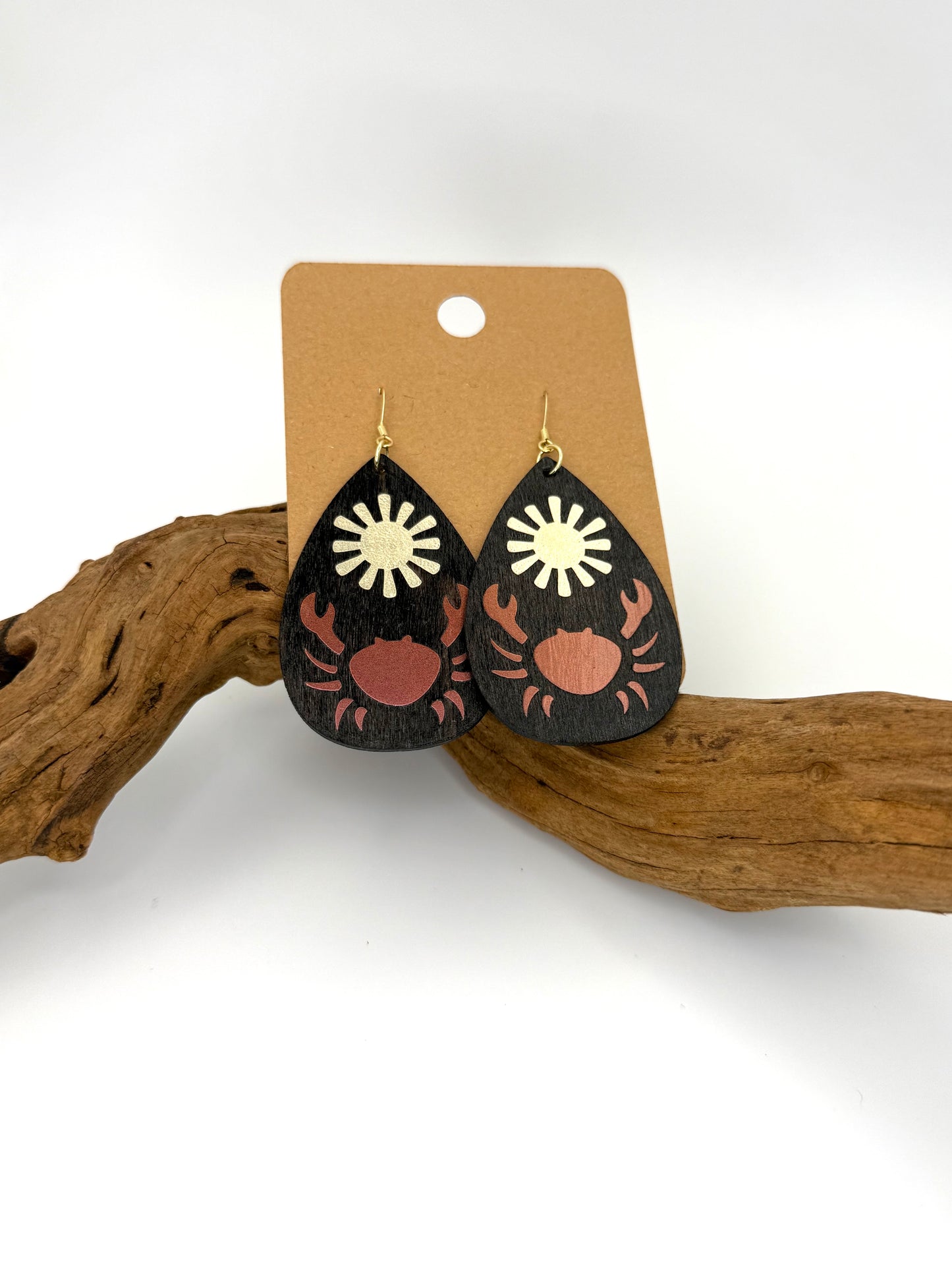Coastal Crab Wood Earrings | Pink & Gold Botanical Dangles