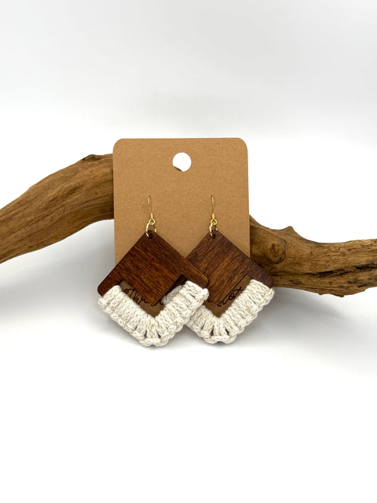 Almost Perfect – Cream & Gold Macramé Wood Earrings