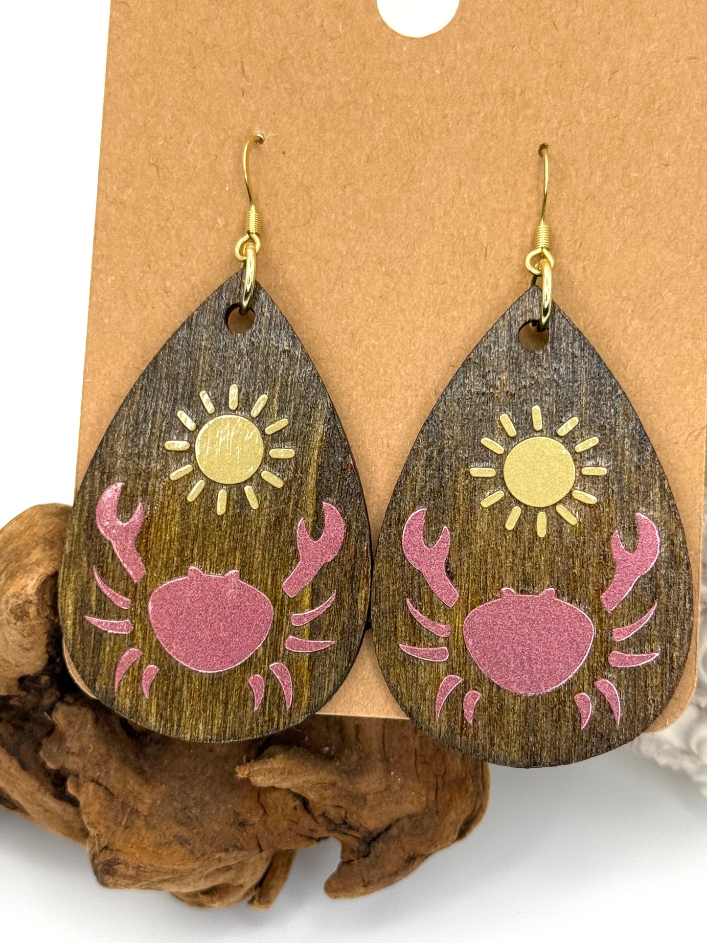 Coastal Crab Wood Earrings | Pink & Gold Botanical Dangles
