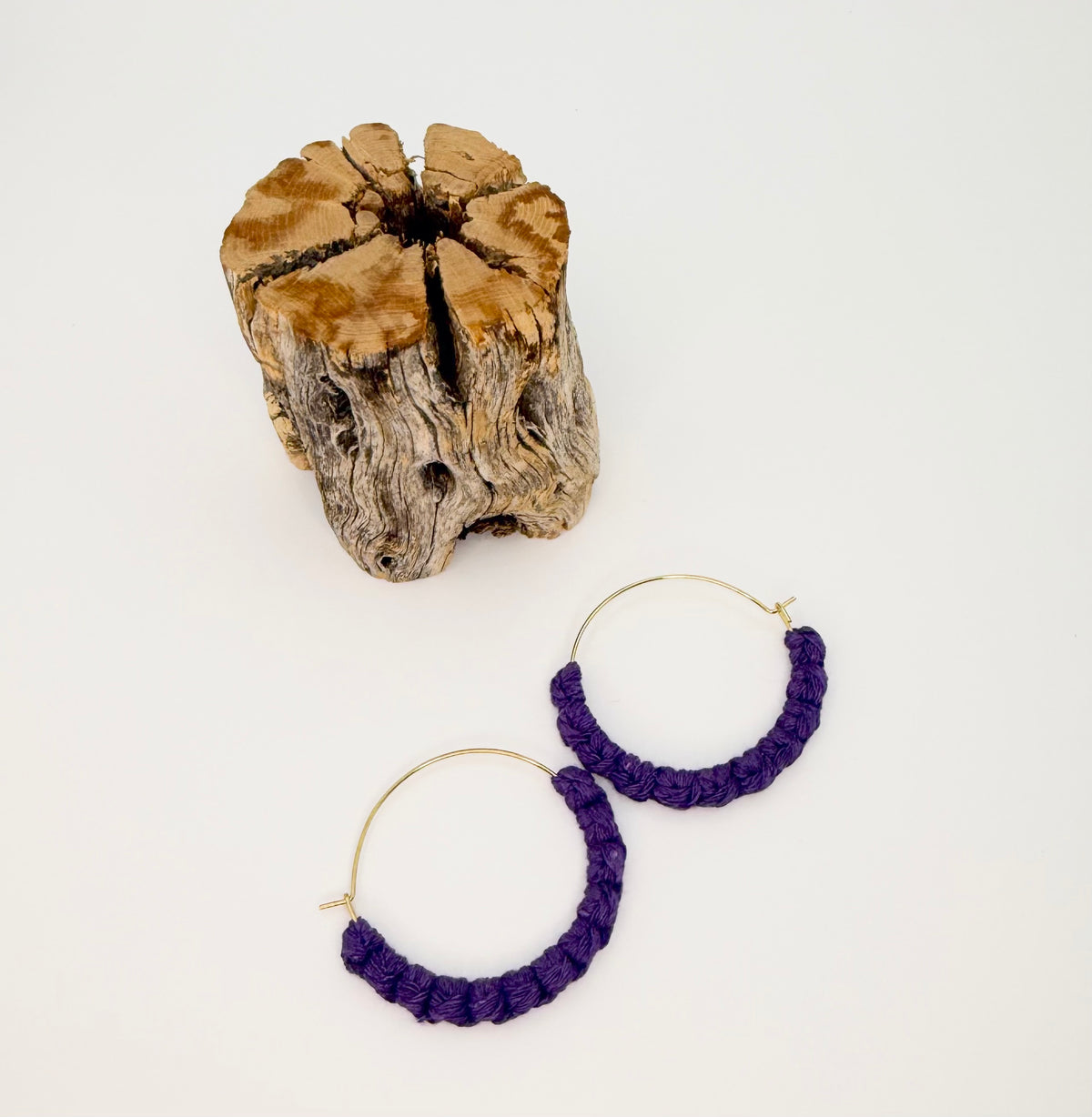Royal Purple Macrame Hoop Earrings | 35mm Gold Stainless Steel