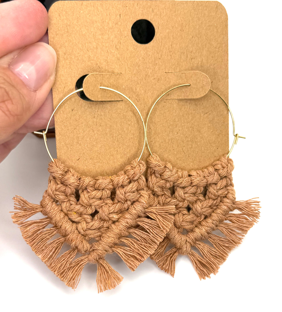 Camel Macrame Fringe Hoops | 35mm Gold Stainless Steel
