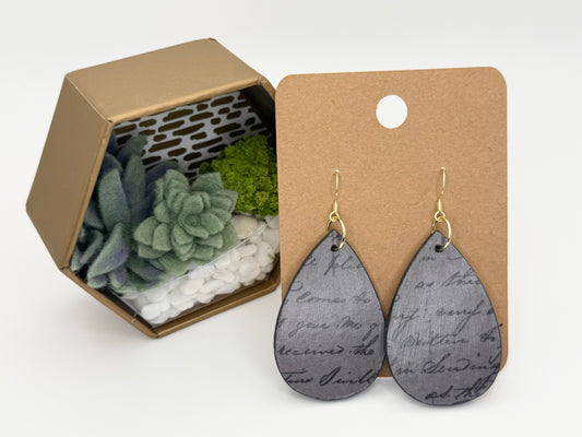 Vintage Script Wood Earrings | Charcoal Decoupage Teardrop Earrings