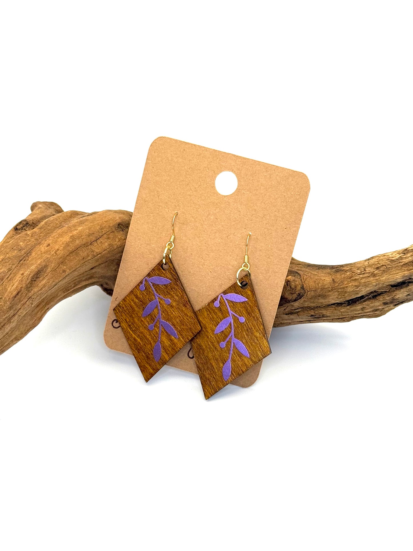 Almost Perfect – Purple Holographic Botanical Wood Earrings