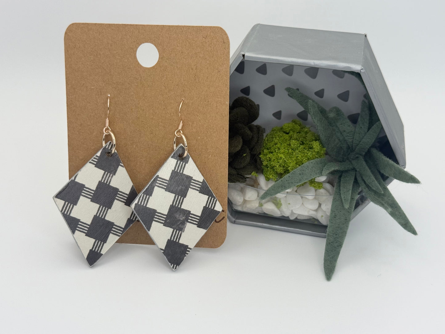 Black and White Checkered Earrings | Geometric Decoupage Statement Earrings