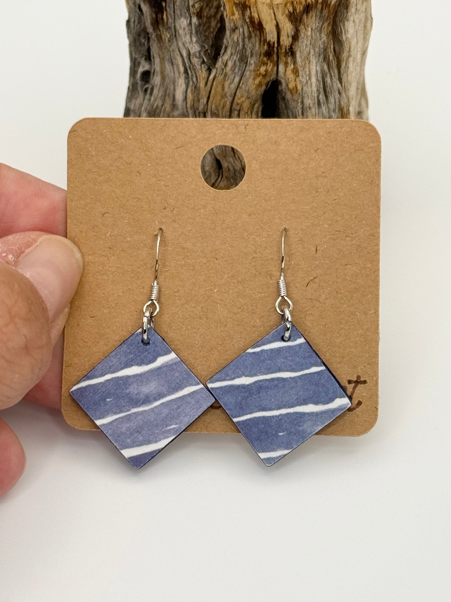 Modern Blue Marble Wood Earrings | Lightweight Geometric Dangles